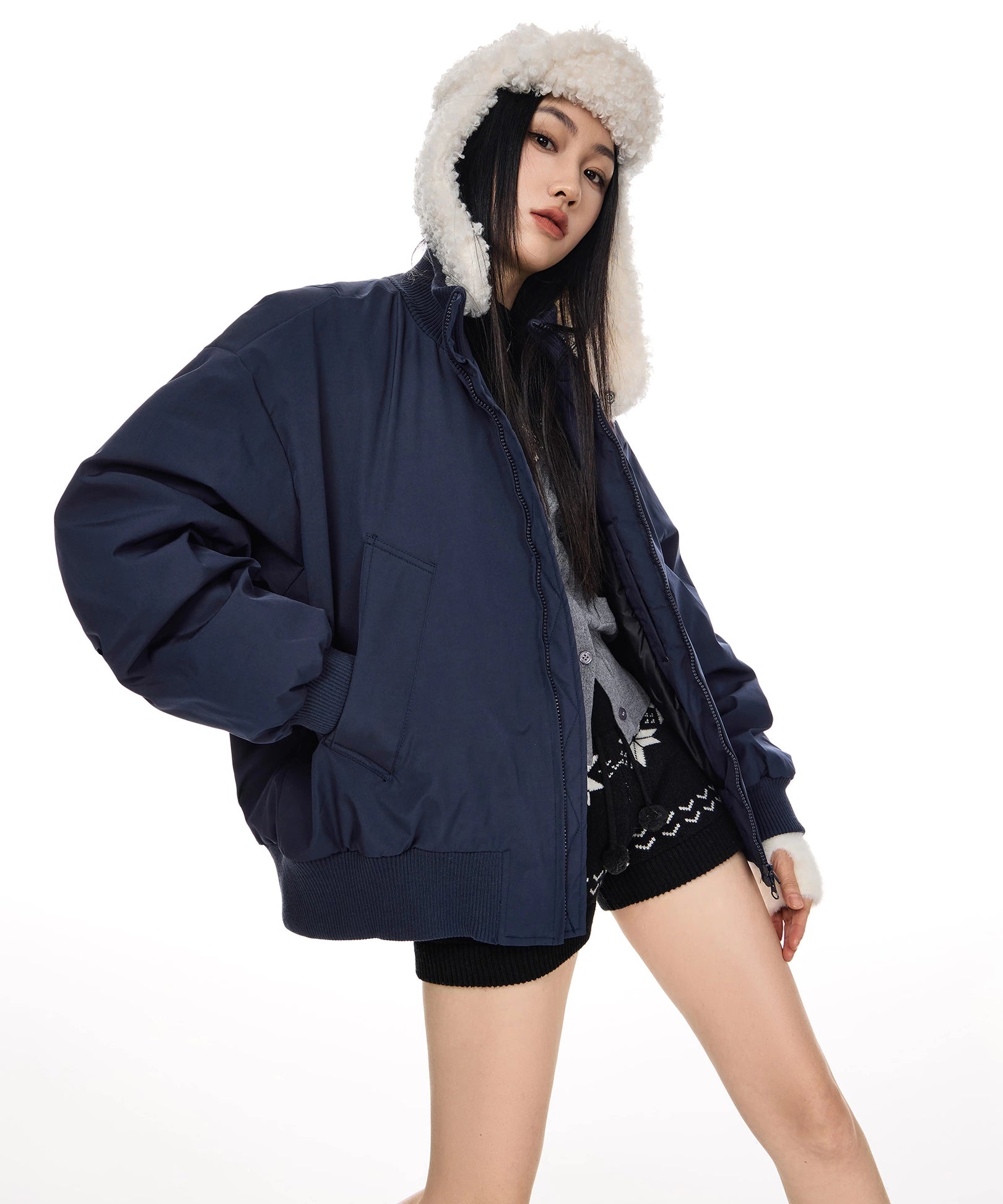 ICH MODE 美式90白鸭绒复古纯色立领羽绒服女冬季宽松外套保暖