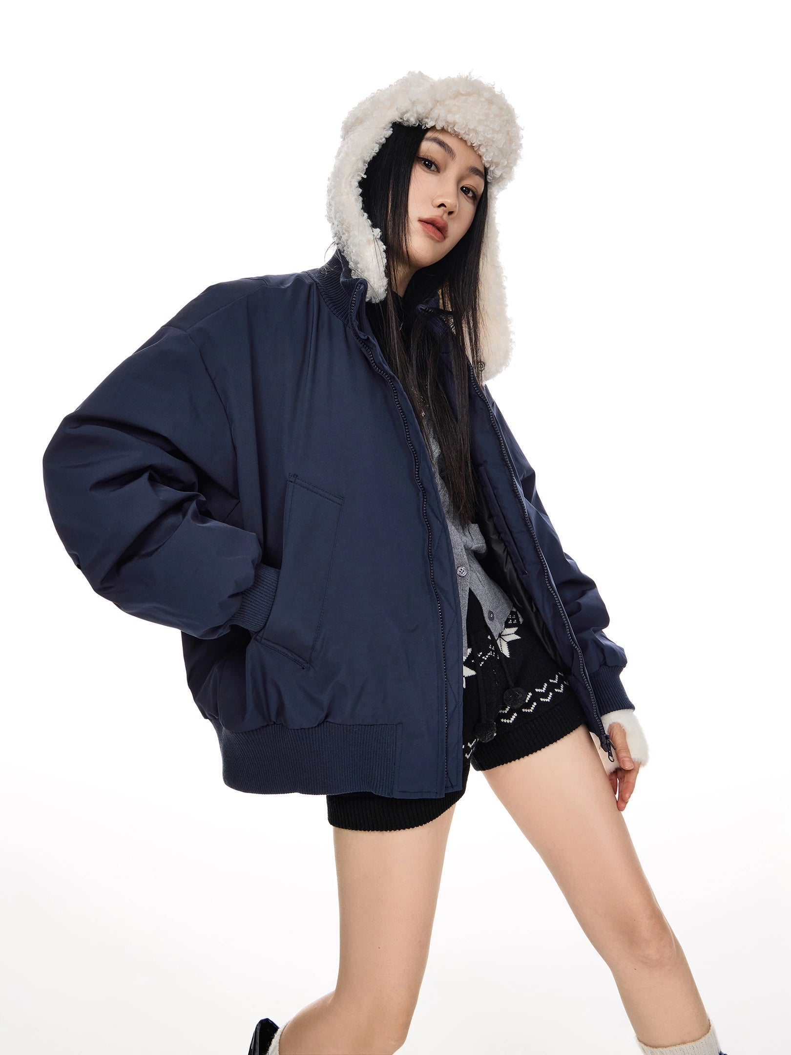 ICH MODE 美式90白鸭绒复古纯色立领羽绒服女冬季宽松外套保暖