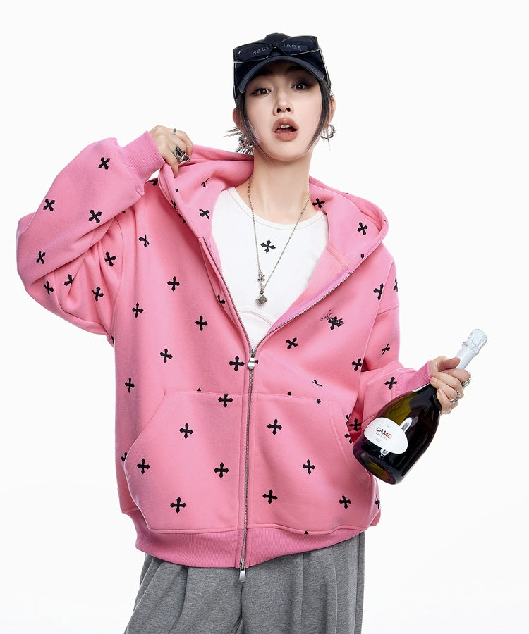 ICH MODE 美式哥特风十字架满印连帽卫衣外套女秋冬拉链开衫上衣