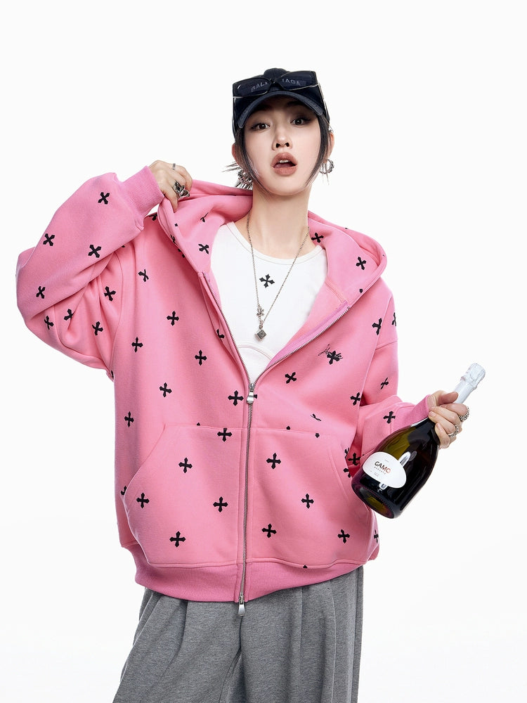 ICH MODE 美式哥特风十字架满印连帽卫衣外套女秋冬拉链开衫上衣