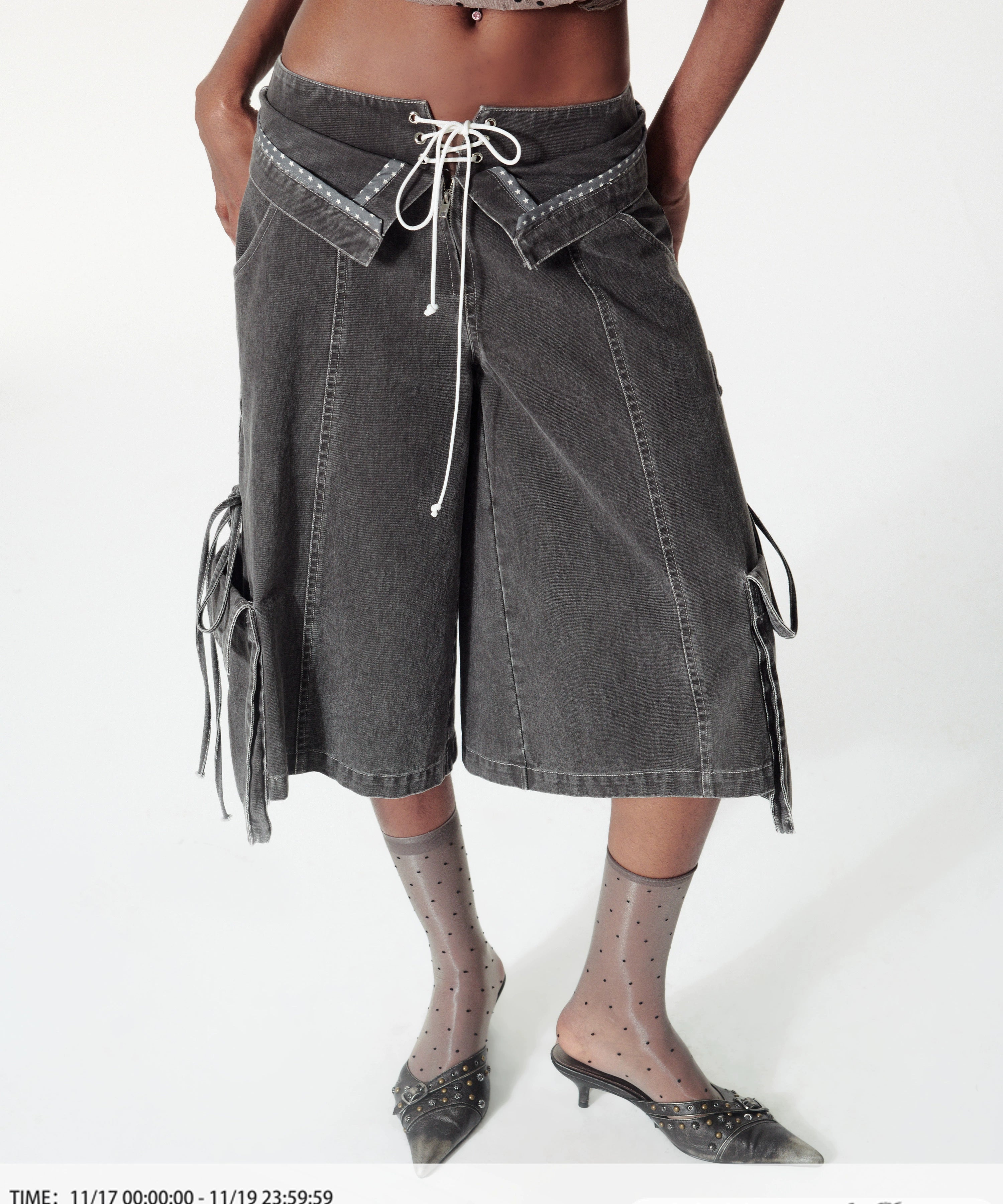 2th Desire复古解构洗水双腰头绑带豹纹撞色条工装感宽松中裤女