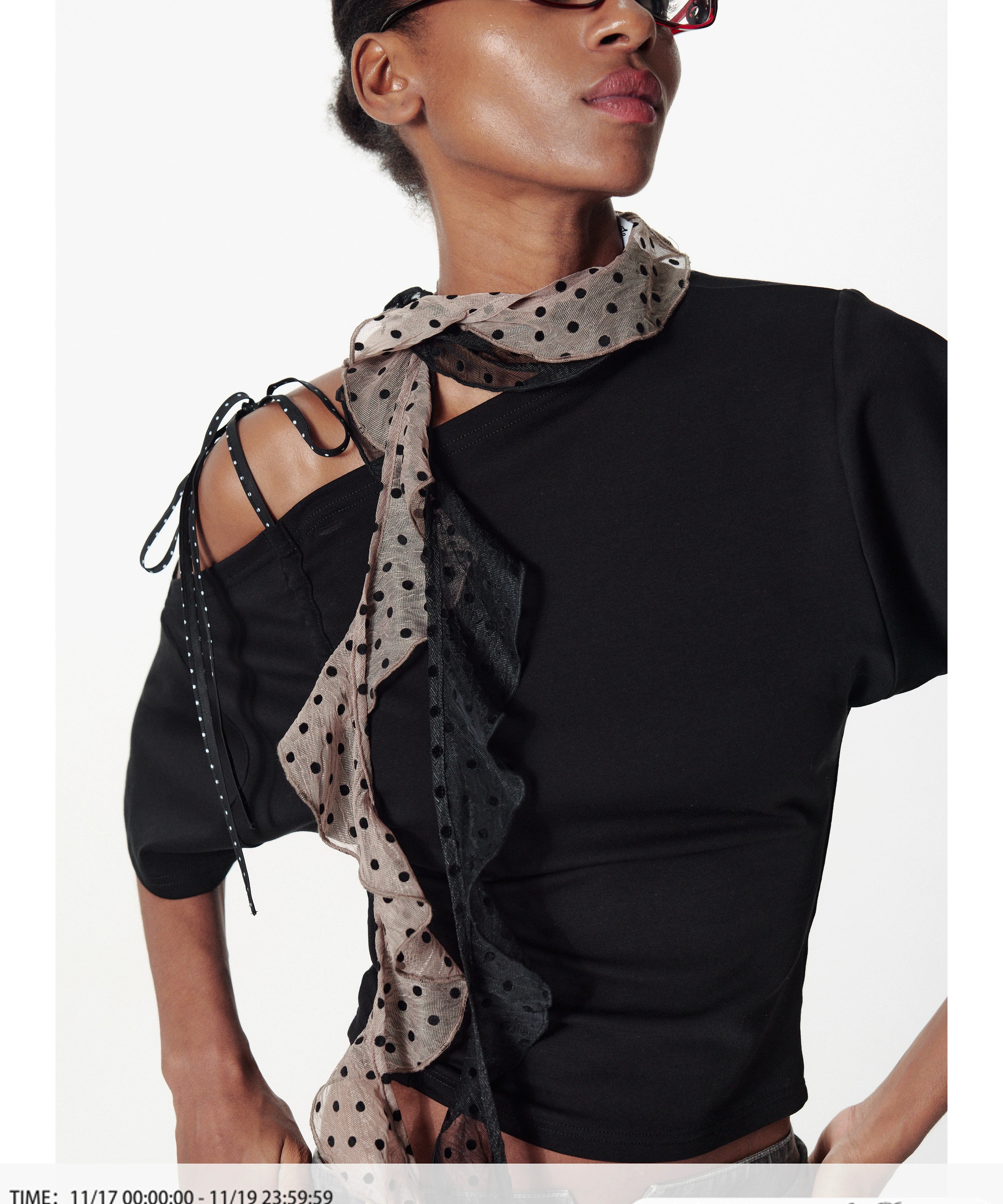 2th Desire透感植绒复古波点百搭荷叶边丝巾夏季网纱小围巾