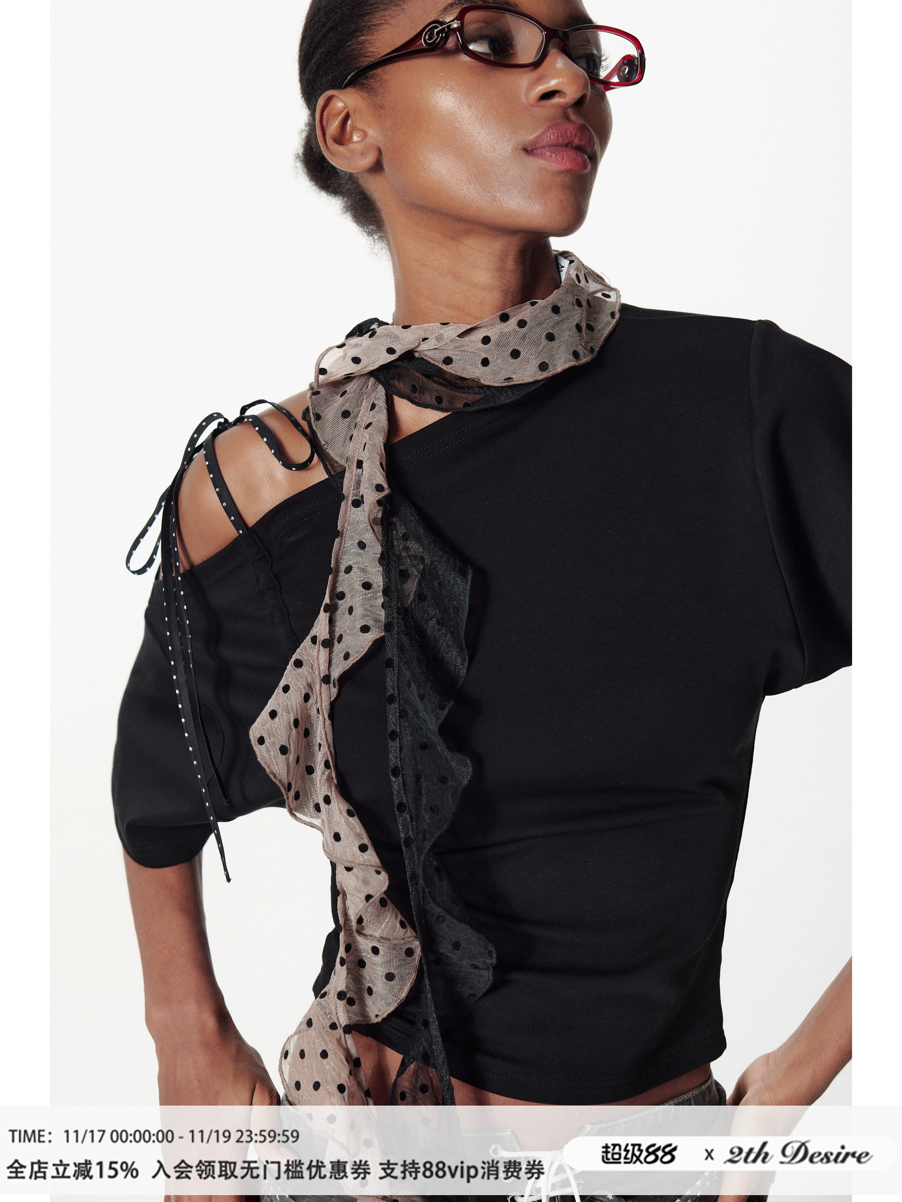 2th Desire透感植绒复古波点百搭荷叶边丝巾夏季网纱小围巾