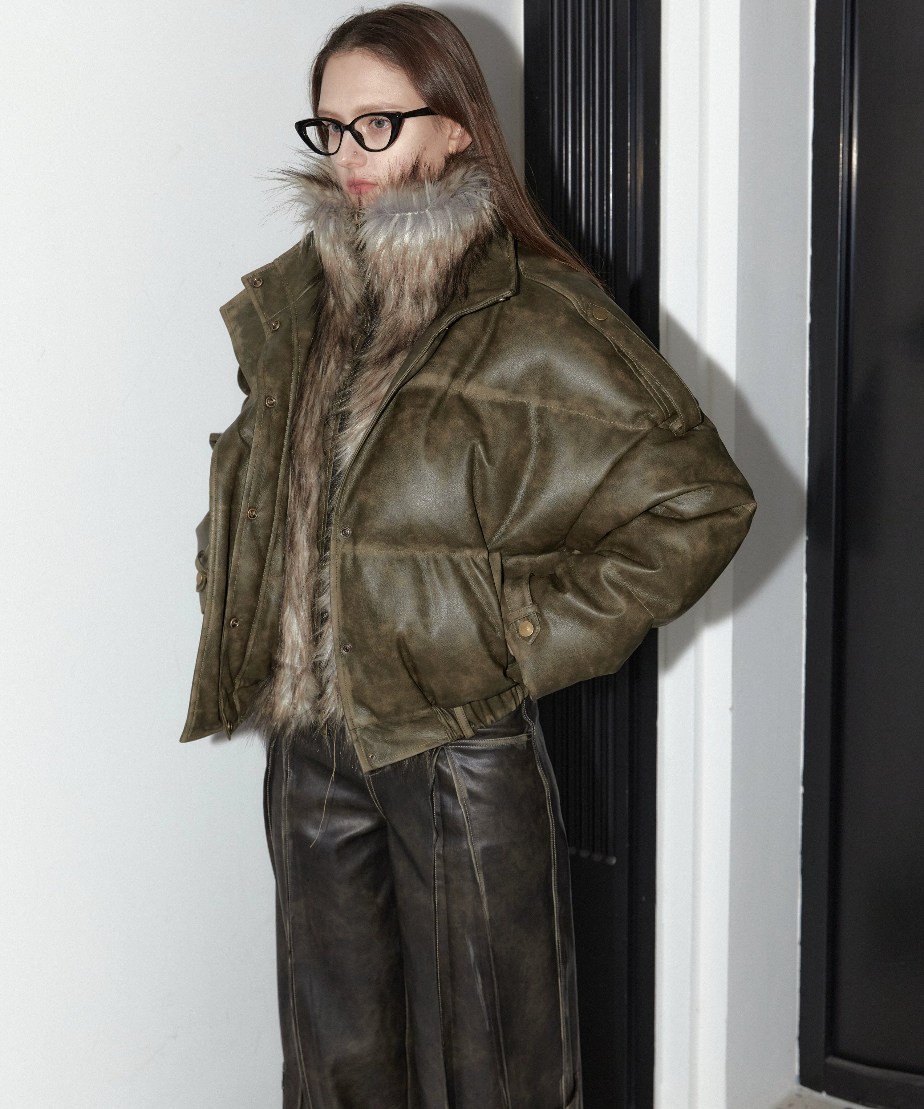 2th Desire大朵90白鸭绒美式复古皮草拼接冬季羽绒服女擦色机车风