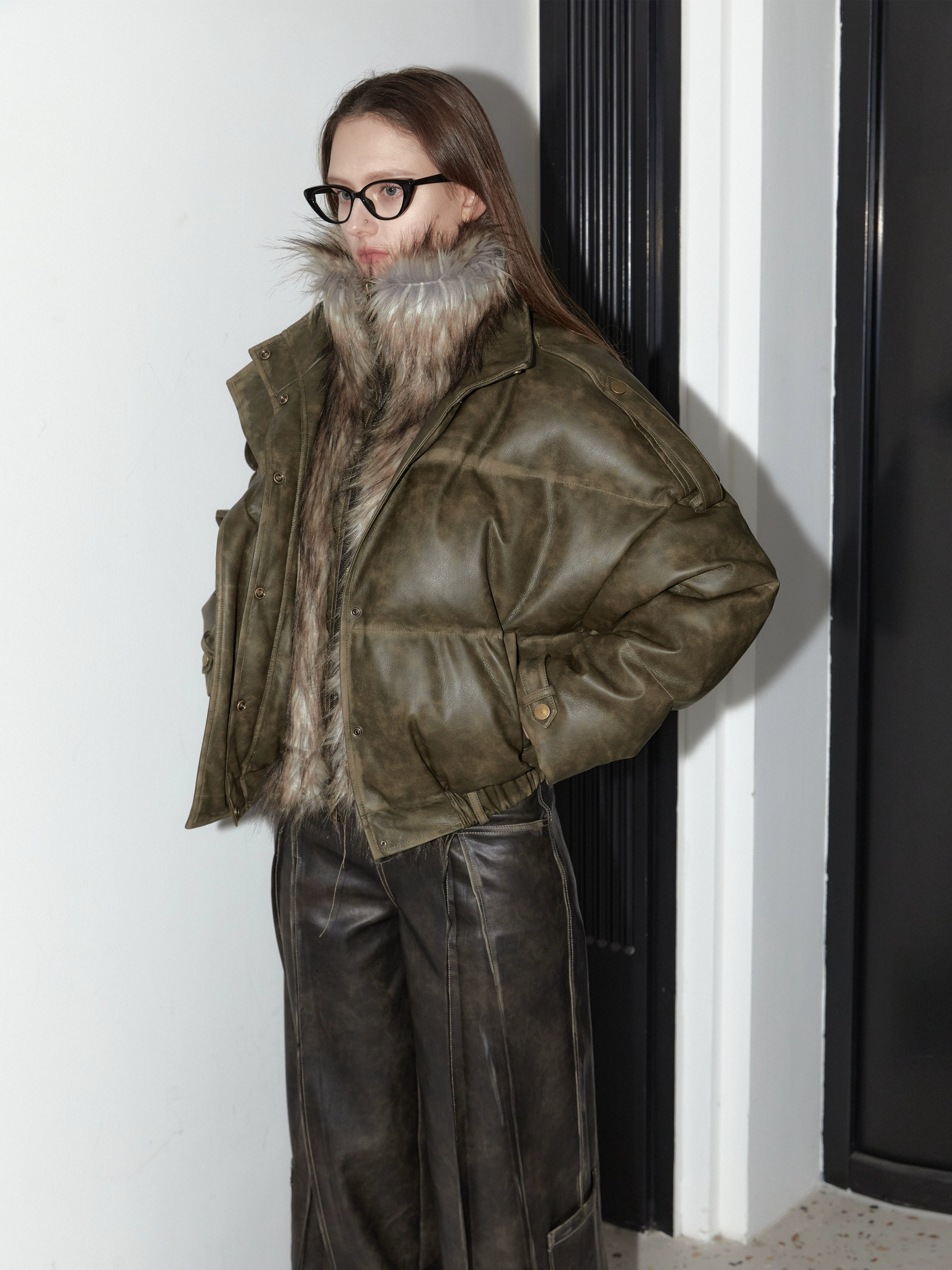 2th Desire大朵90白鸭绒美式复古皮草拼接冬季羽绒服女擦色机车风