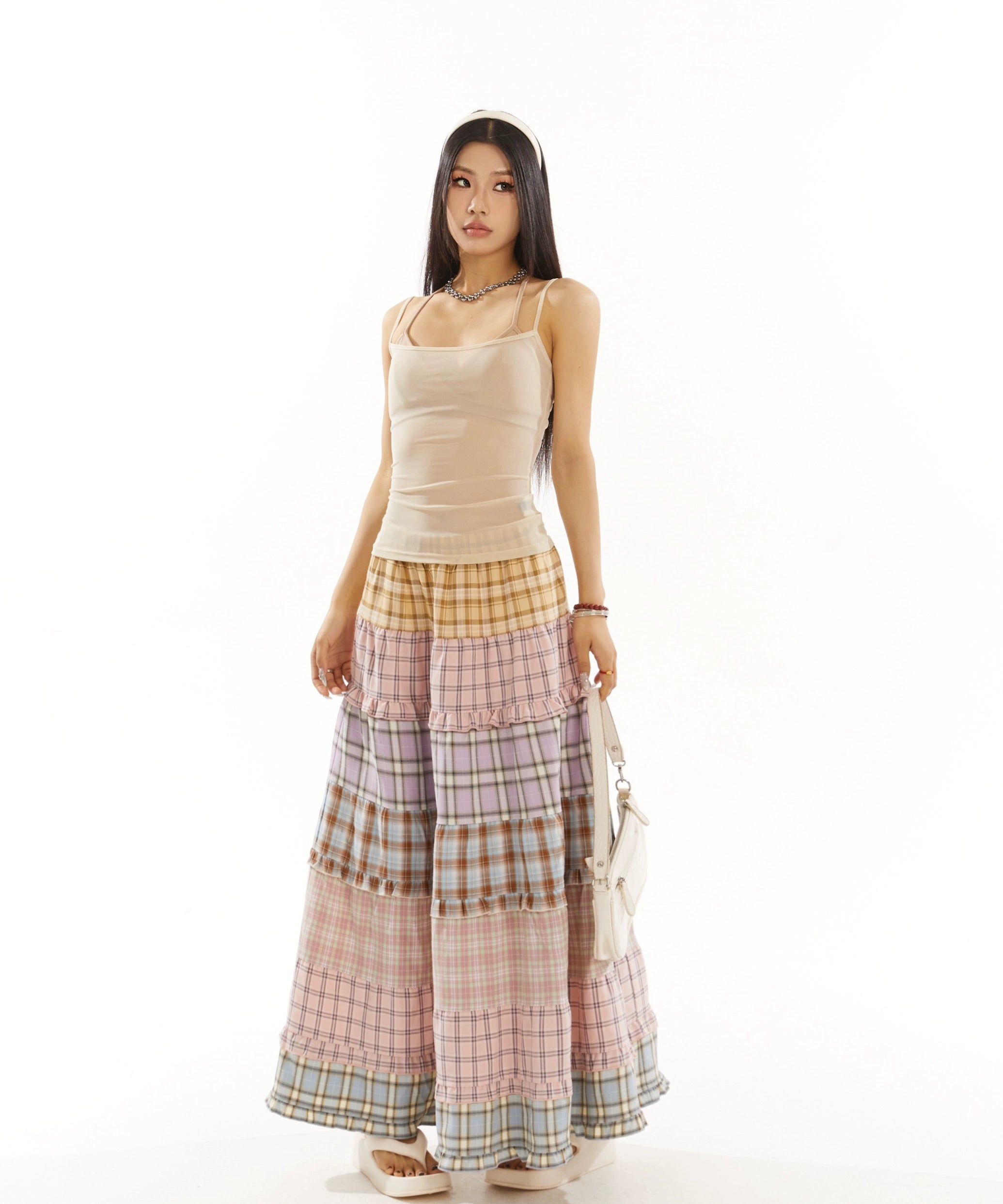 野生zero 彩虹格子长裙女秋季宽松显瘦设计感小众拼接a字海边裙子