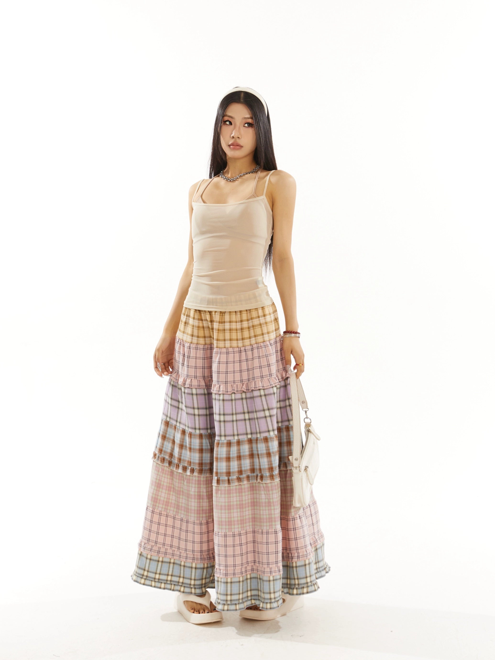 野生zero 彩虹格子长裙女秋季宽松显瘦设计感小众拼接a字海边裙子