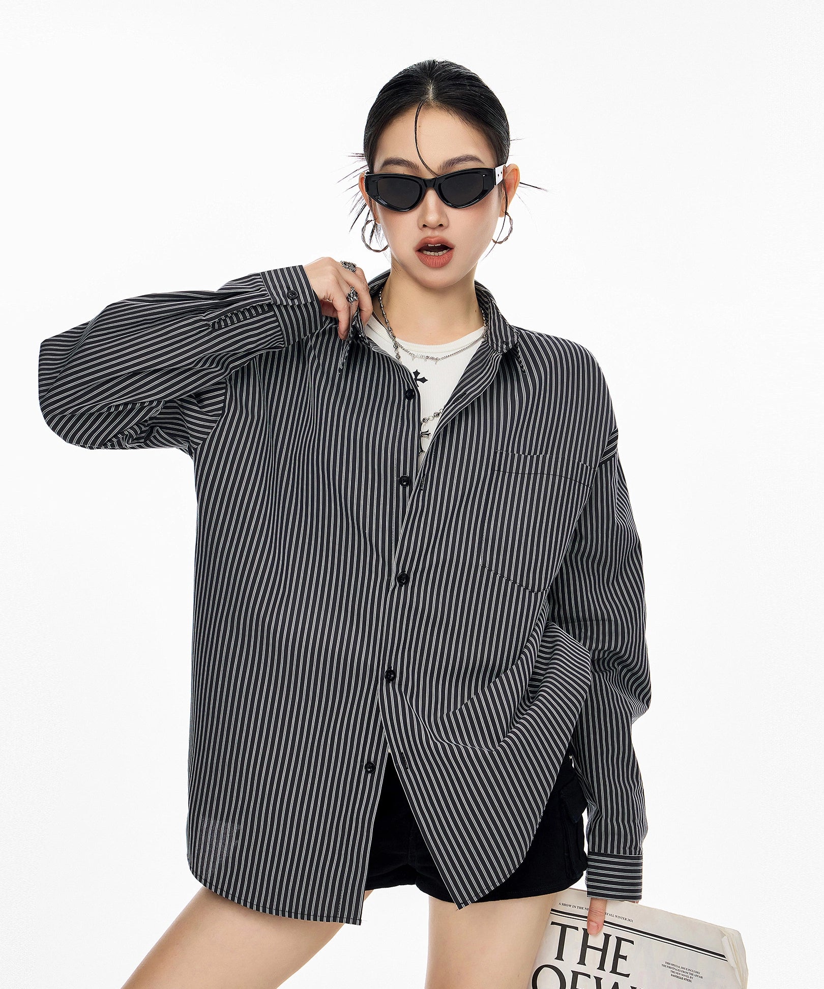 ICH MODE 美式复古条纹长袖衬衫女夏季新款宽松休闲翻领衬衣外套