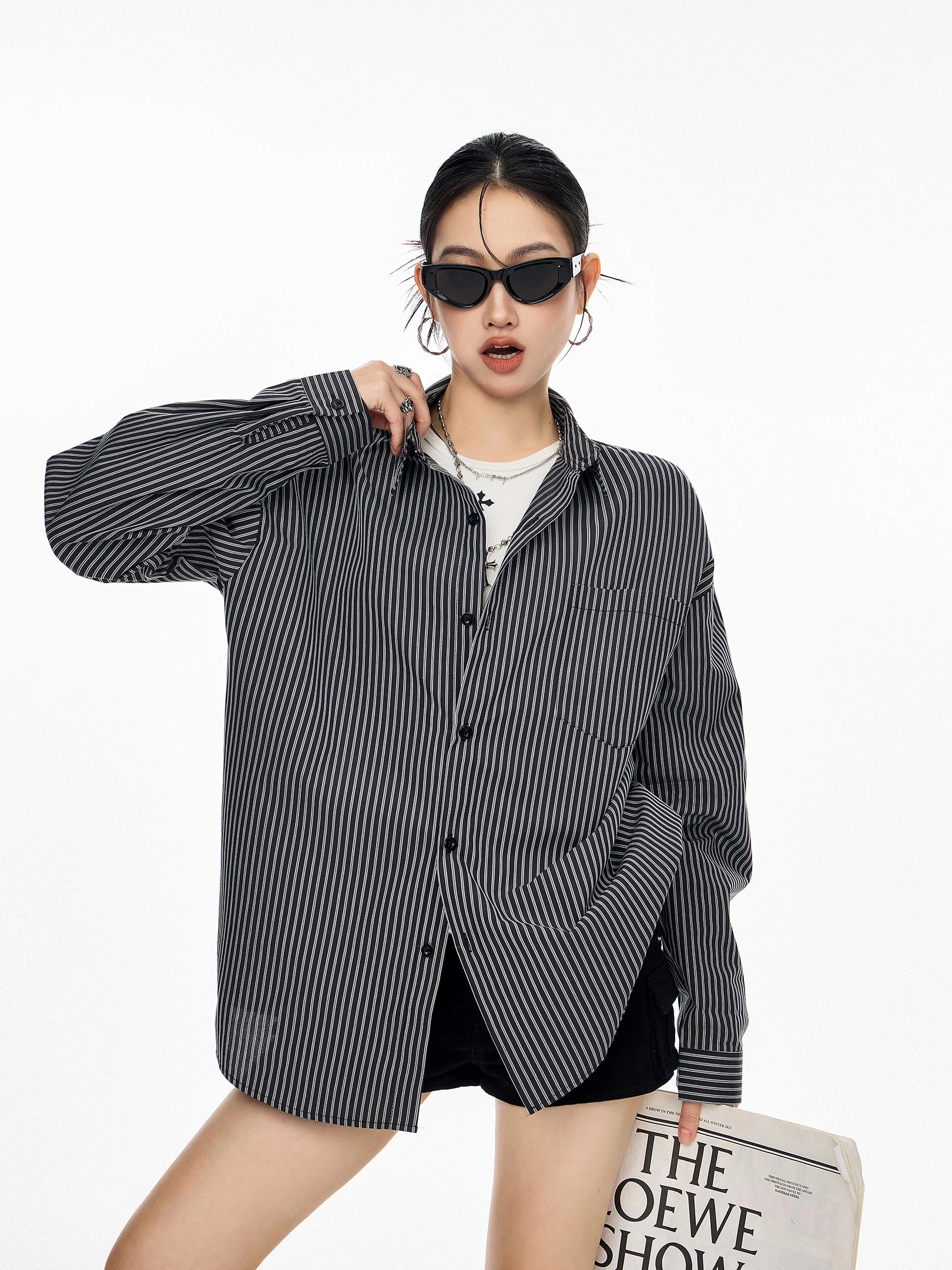 ICH MODE 美式复古条纹长袖衬衫女夏季新款宽松休闲翻领衬衣外套