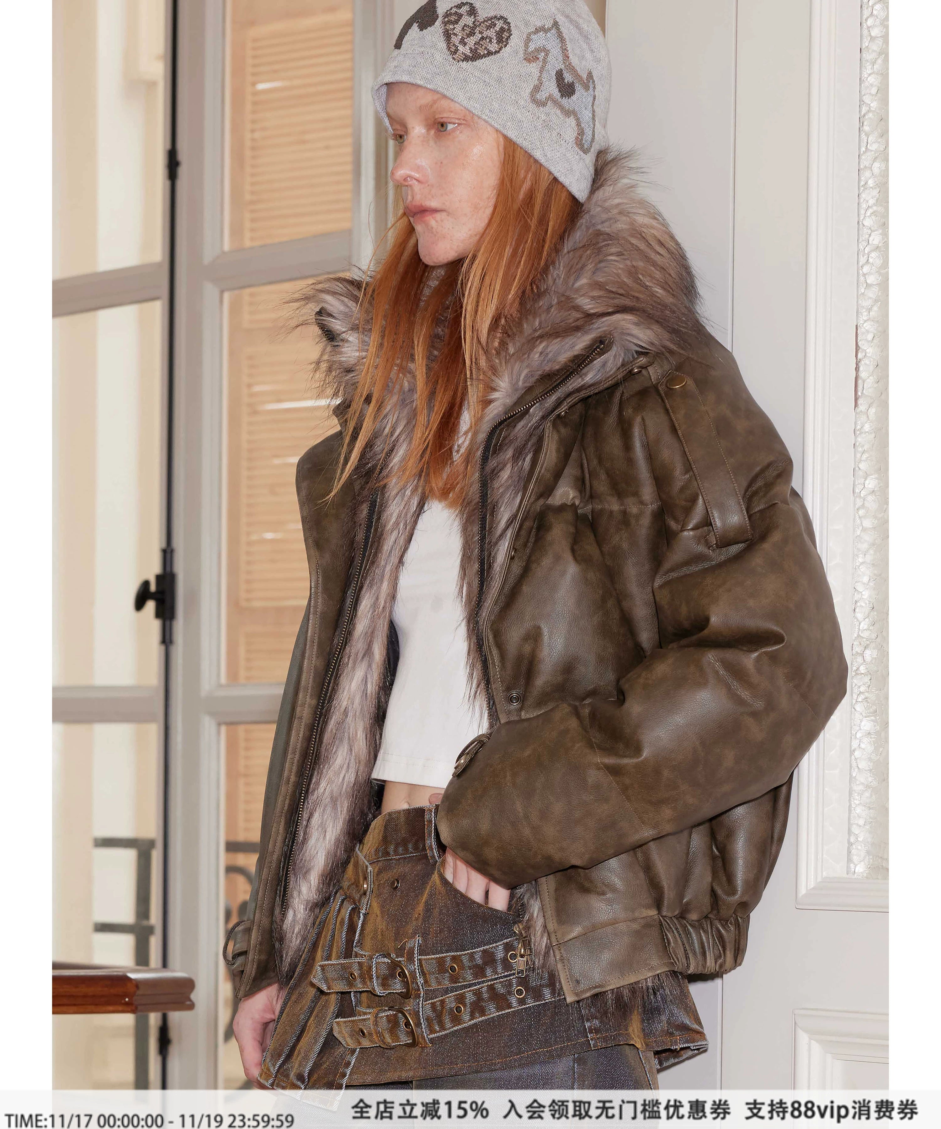 2th Desire大朵90白鸭绒美式复古皮草拼接冬季羽绒服女擦色机车风