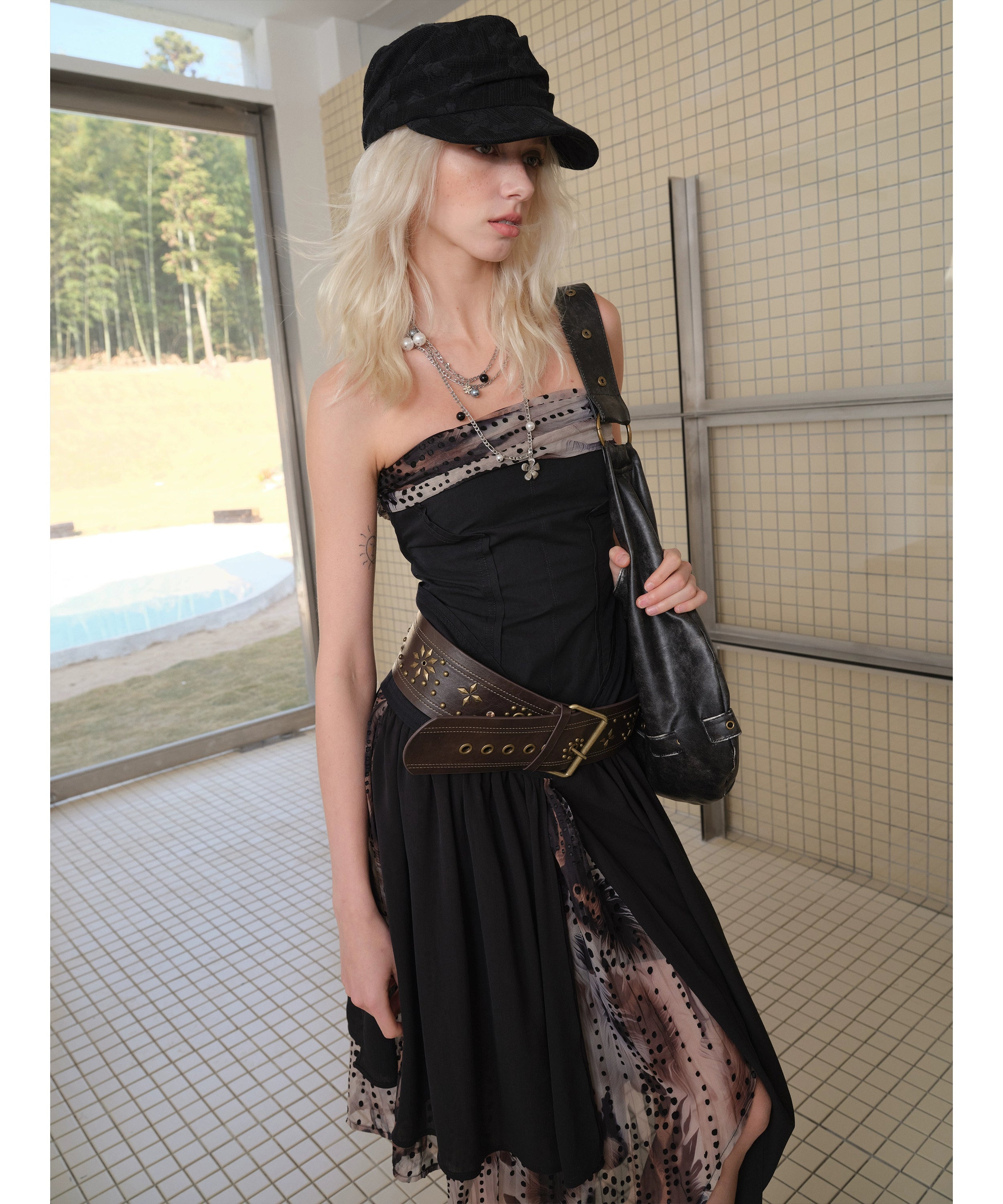 2th Desire复古解构流浪风晕染印花不规则抹胸褶皱拼纱连衣裙女