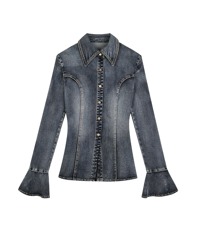 野生zerocircle复古收腰牛仔衬衫女春秋设计感修身显瘦喇叭袖上衣