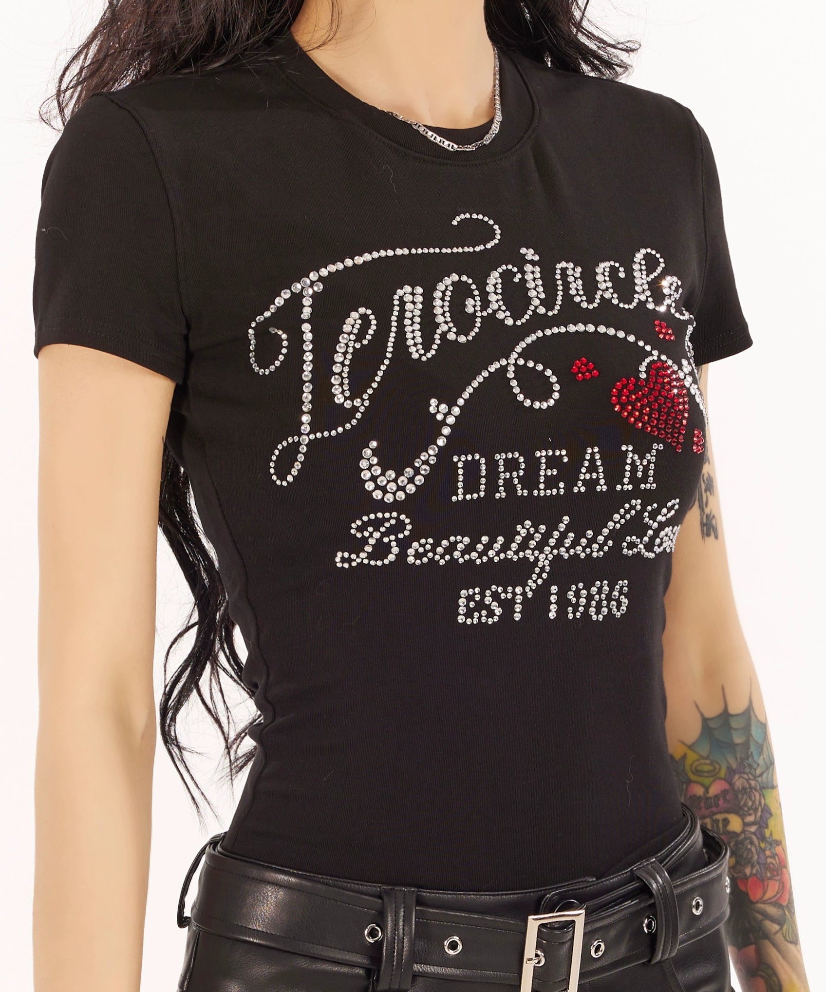 野生zero 白黑灰色正肩烫钻短袖t恤女夏季辣妹设计感修身显瘦上衣