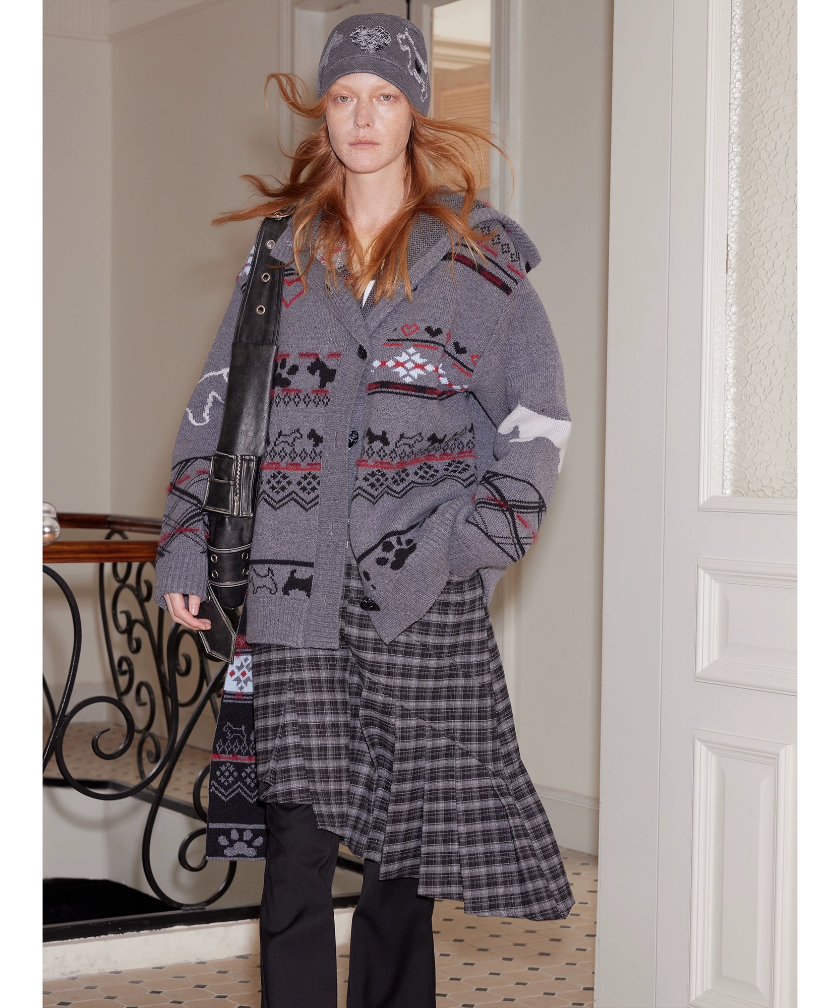 2th Desire费尔岛复古羊毛爱心小狗提花连帽针织开衫慵懒毛衣外套