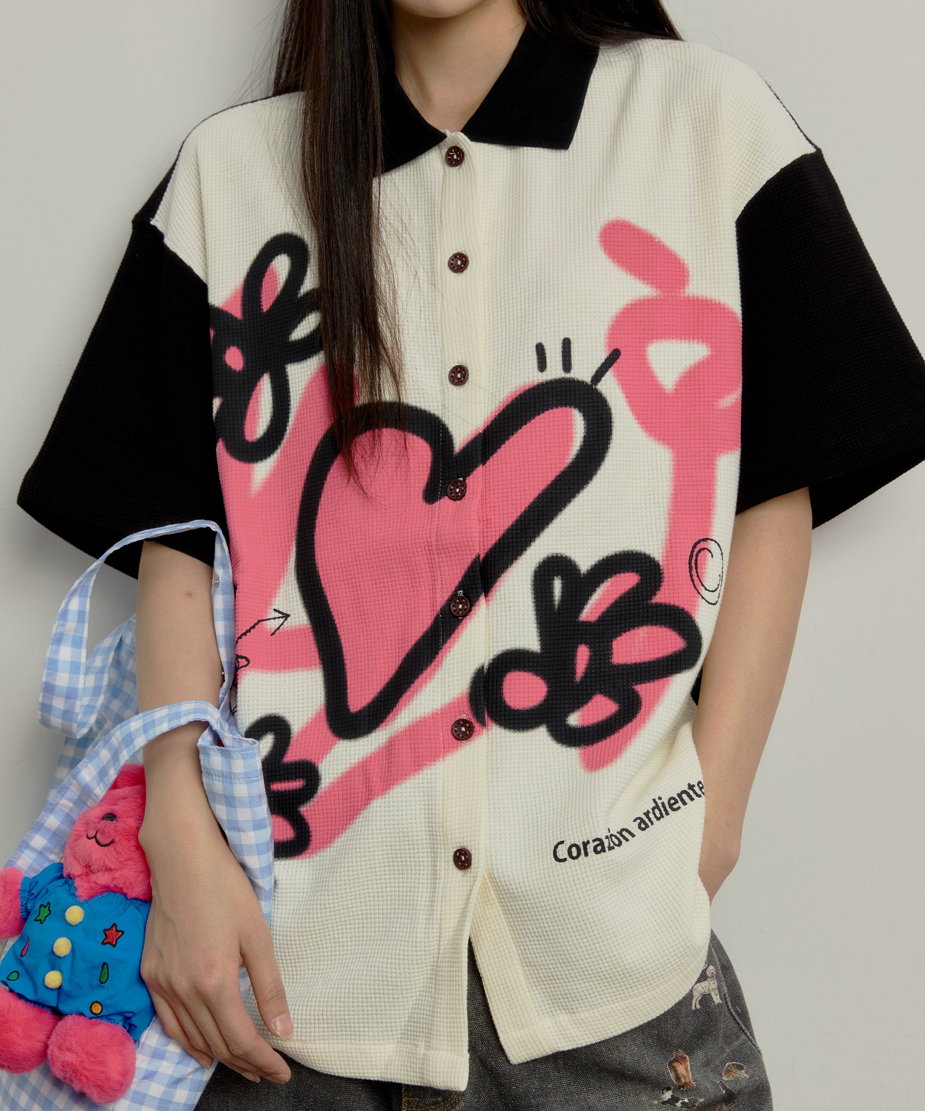 “花语”| eeee小众设计感趣味涂鸦短袖衬衫黑白撞色华夫格衬衣夏