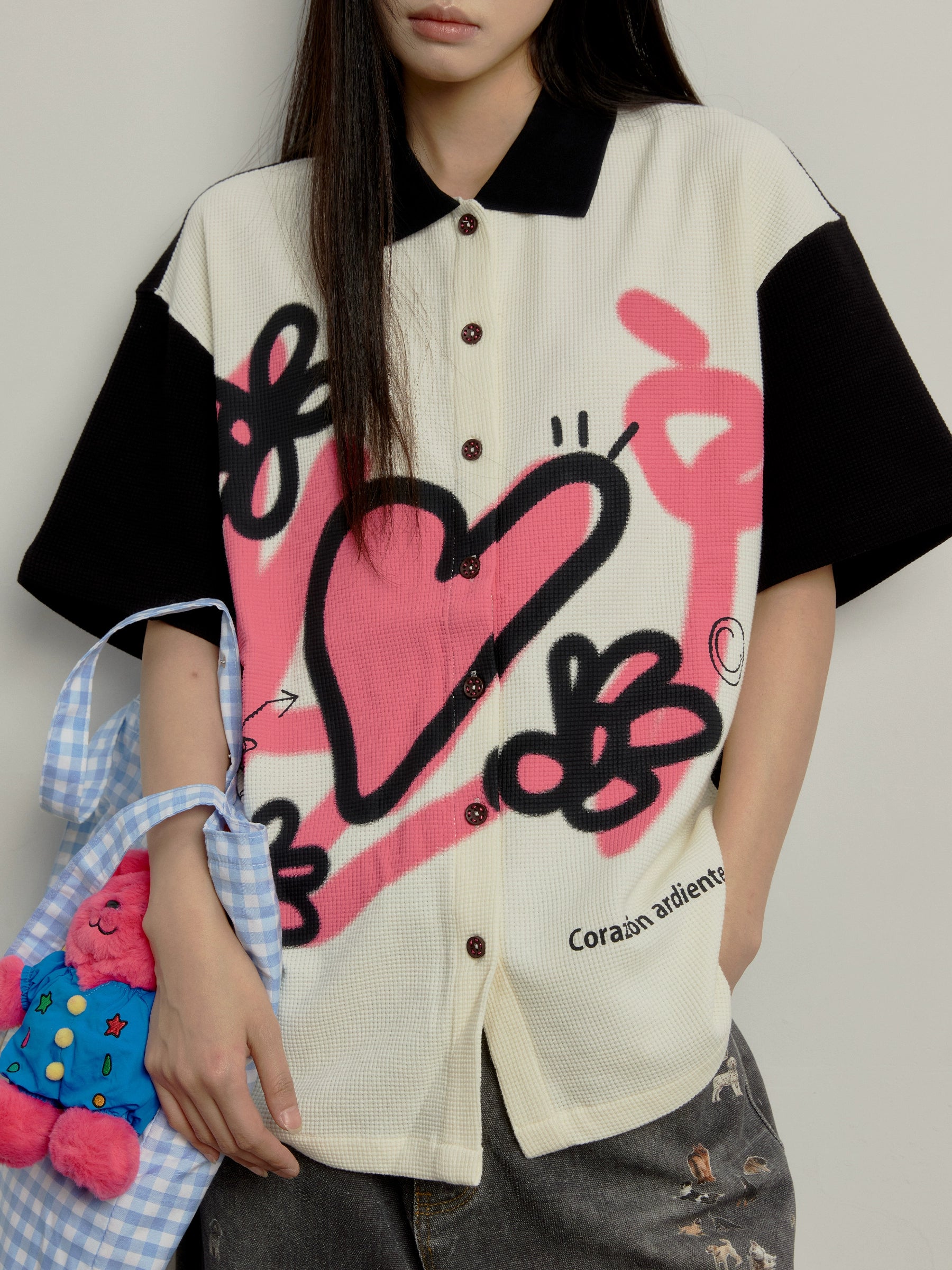 “花语”| eeee小众设计感趣味涂鸦短袖衬衫黑白撞色华夫格衬衣夏