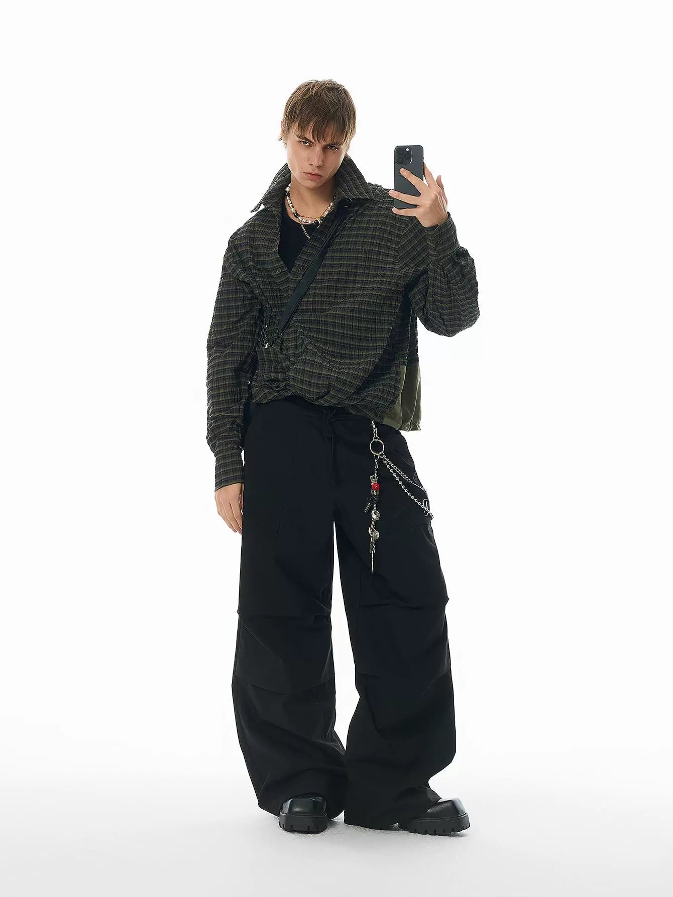 【限时特价】JHYQ春秋美式褶皱伞兵工装裤男潮牌宽松可束脚休闲裤