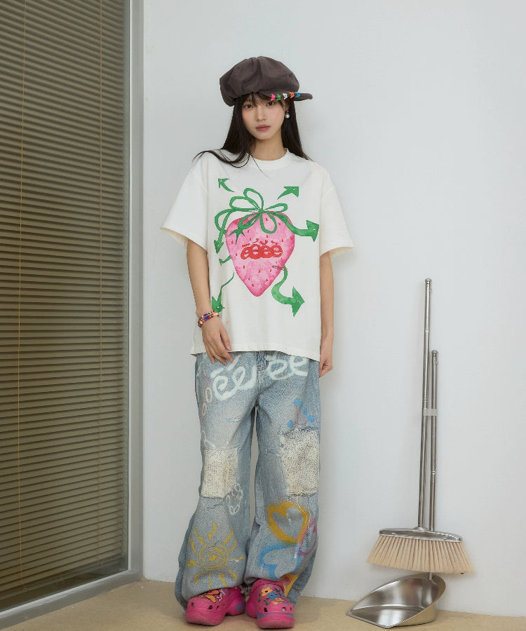 eeeeArtmonster “朋克草莓”手绘草莓短袖镶铆钉小众圆领T恤夏季