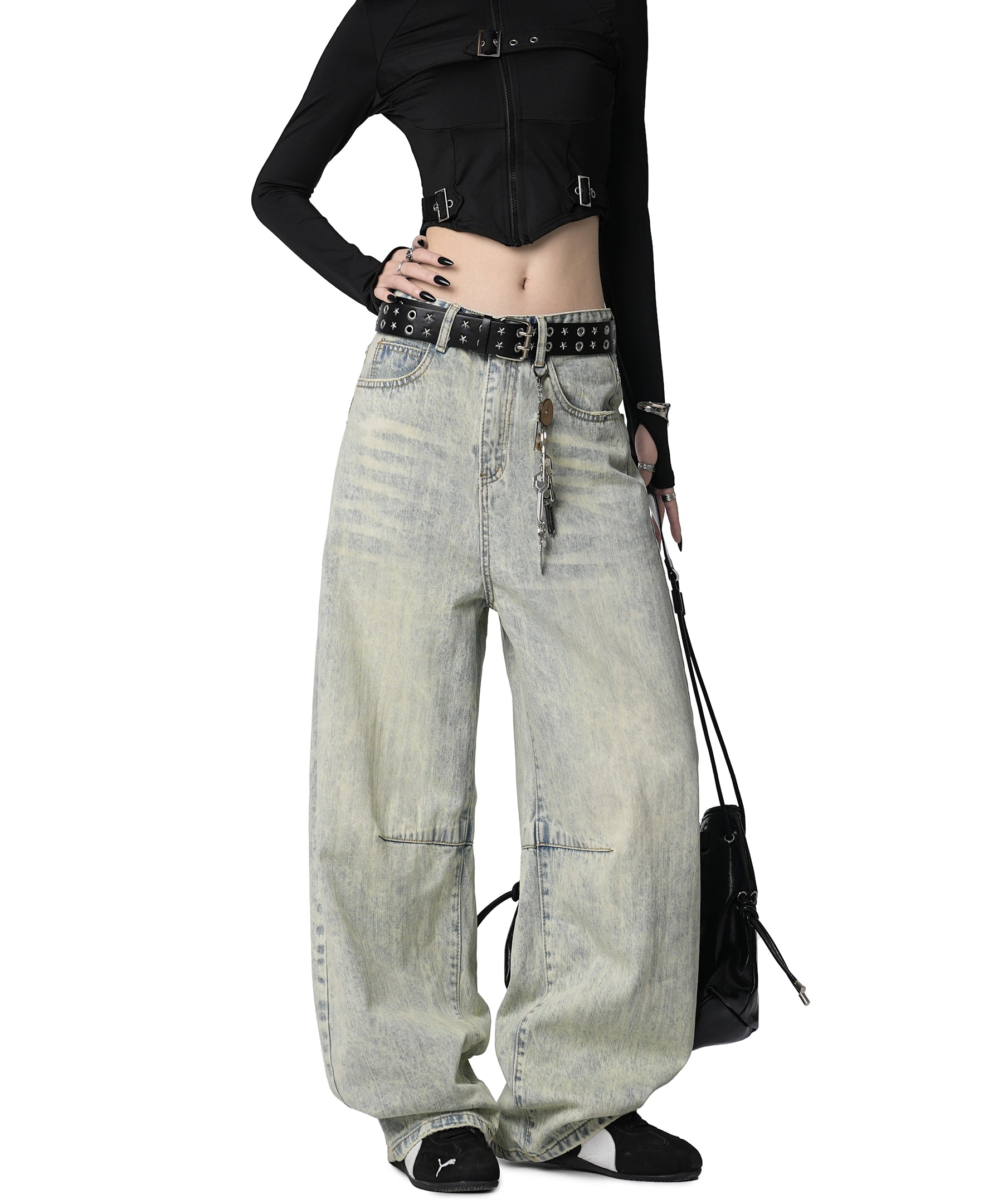 ICH MODE 美式复古水洗牛仔裤女休闲宽松直筒裤弯刀阔腿裤运动裤