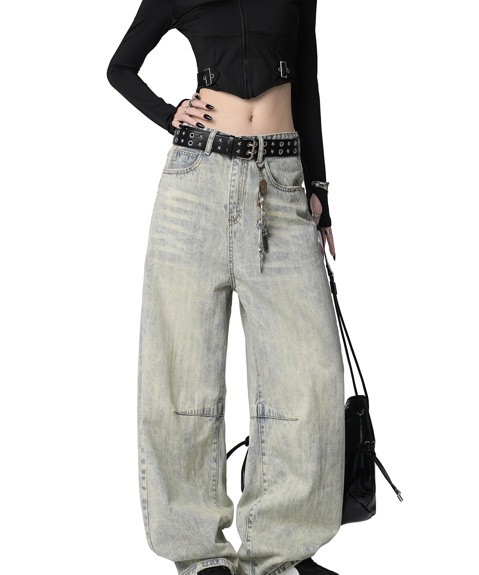 ICH MODE 美式复古水洗牛仔裤女休闲宽松直筒裤弯刀阔腿裤运动裤