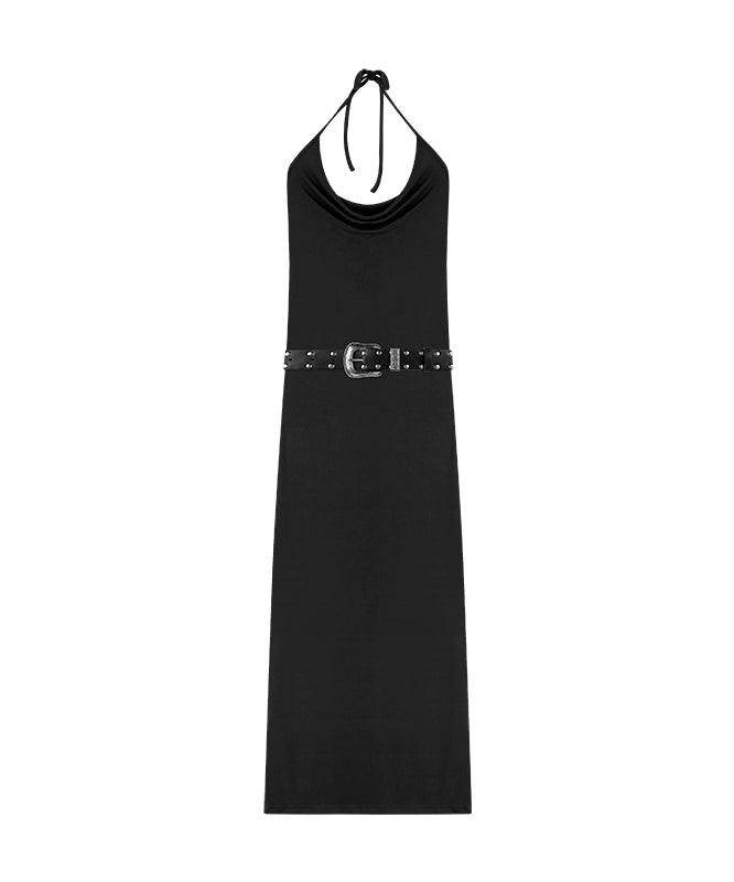 野生zero黑色开叉荡领挂脖连衣裙女夏季辣妹设计感修身显瘦长裙子