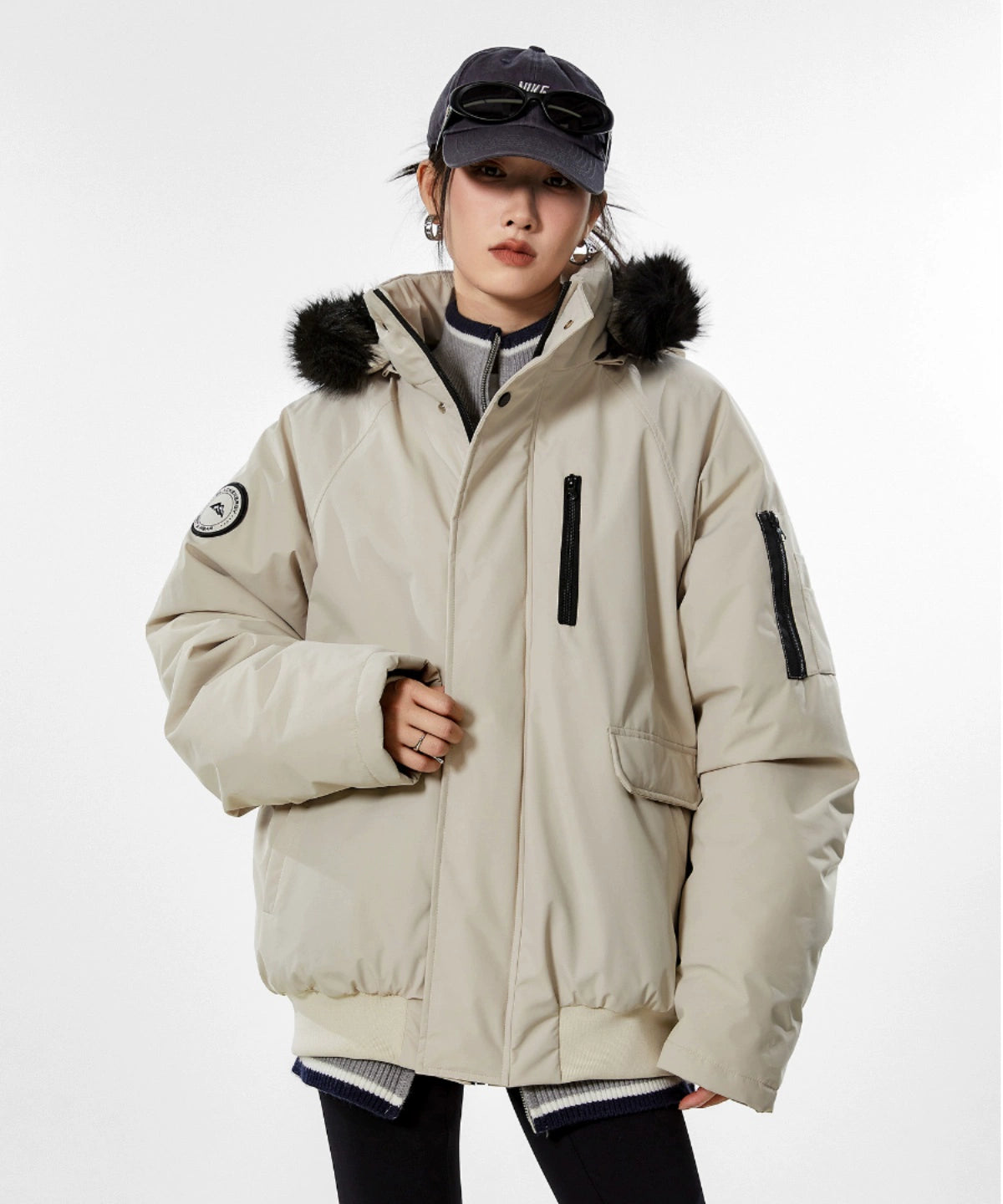 ICH MODE 美式复古派克服蓝色棉服女冬季工装外套棉衣棉袄新款