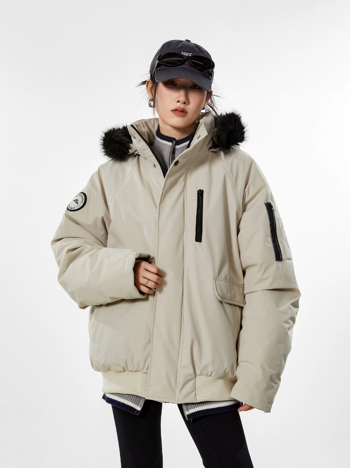 ICH MODE 美式复古派克服蓝色棉服女冬季工装外套棉衣棉袄新款