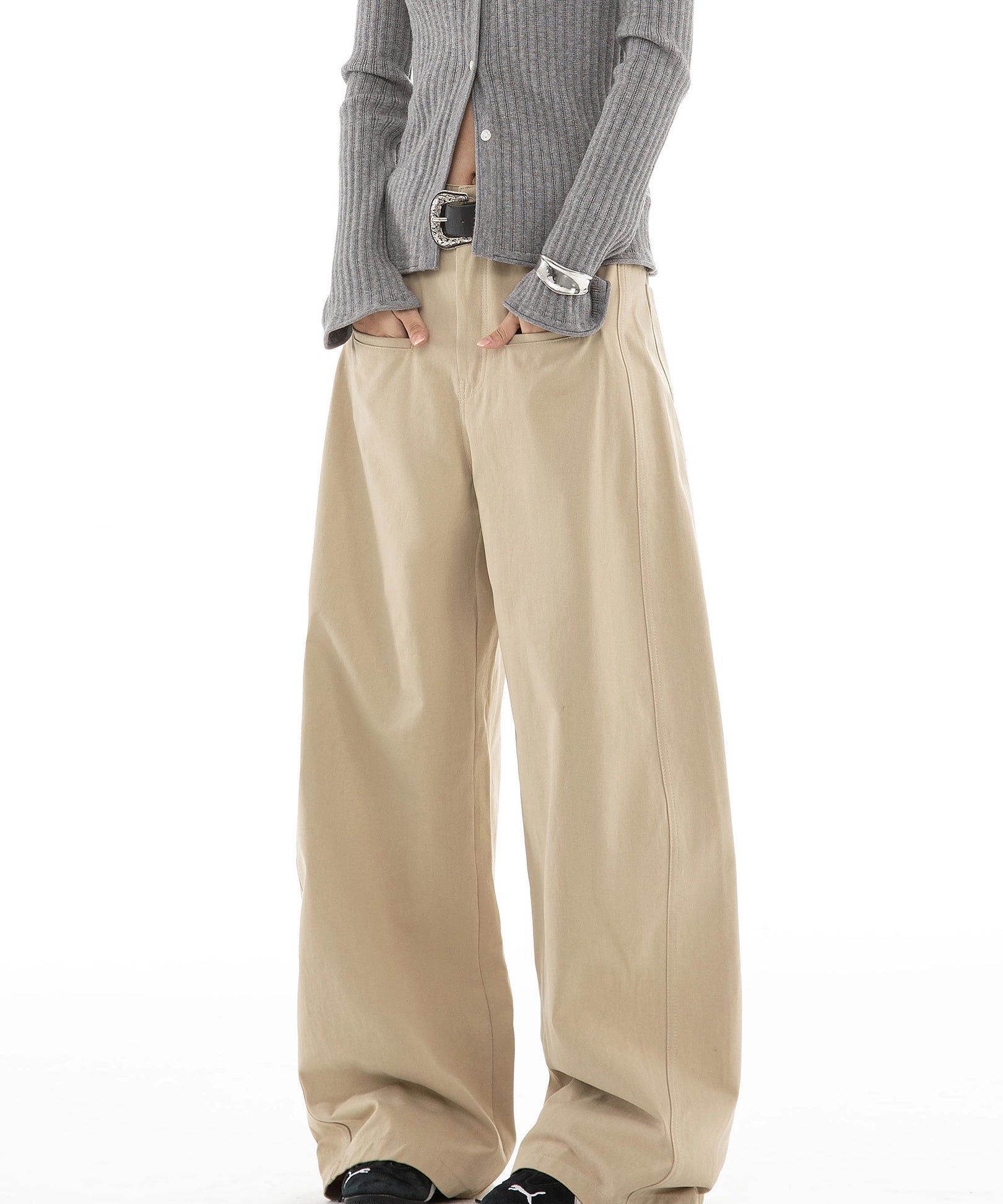 ICH MODE 美式复古卡其色休闲裤女直筒宽松阔腿裤运动裤百搭裤子
