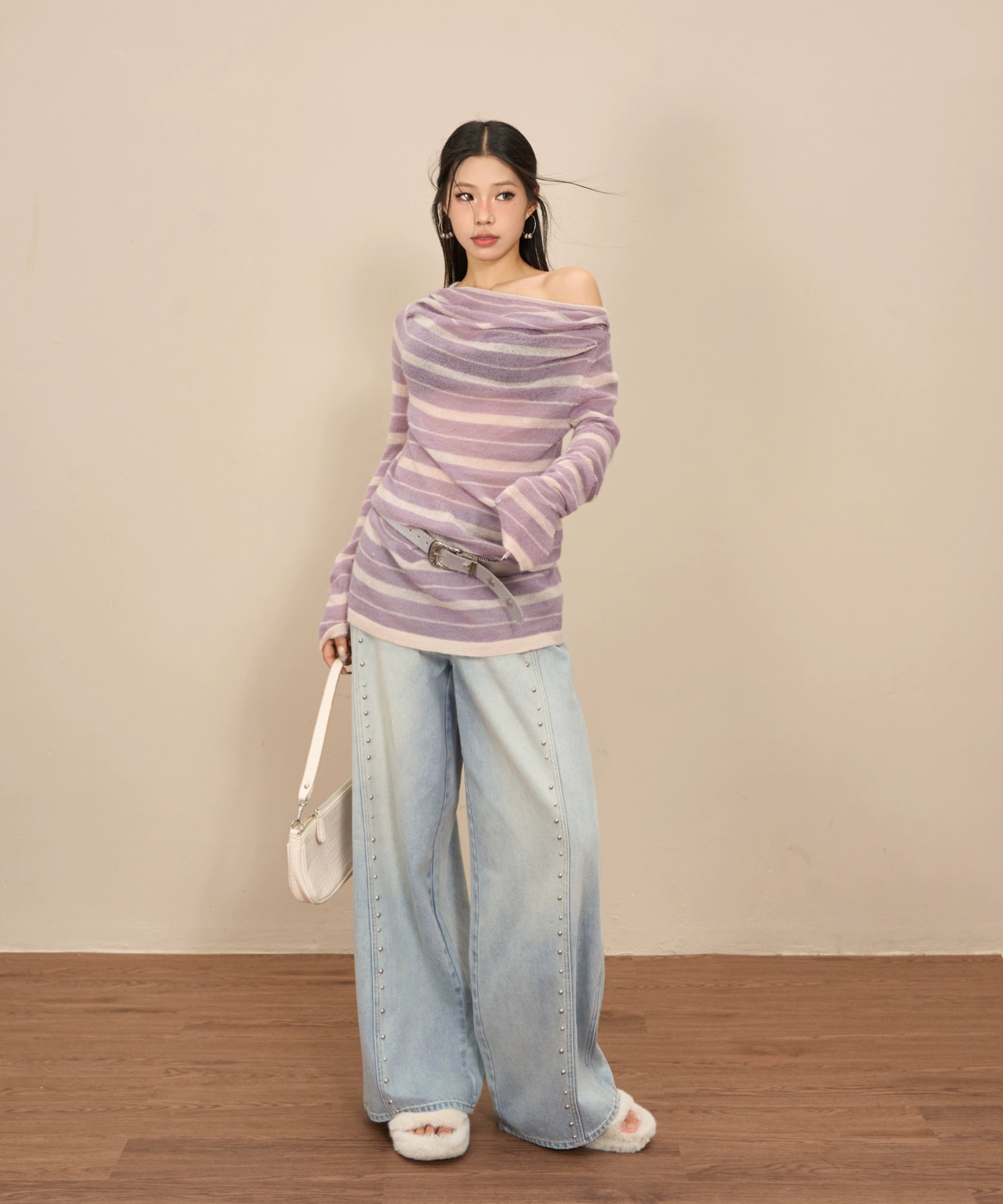 野生zerocircle条纹长袖针织衫女春季韩版宽松显瘦中长款荡领上衣