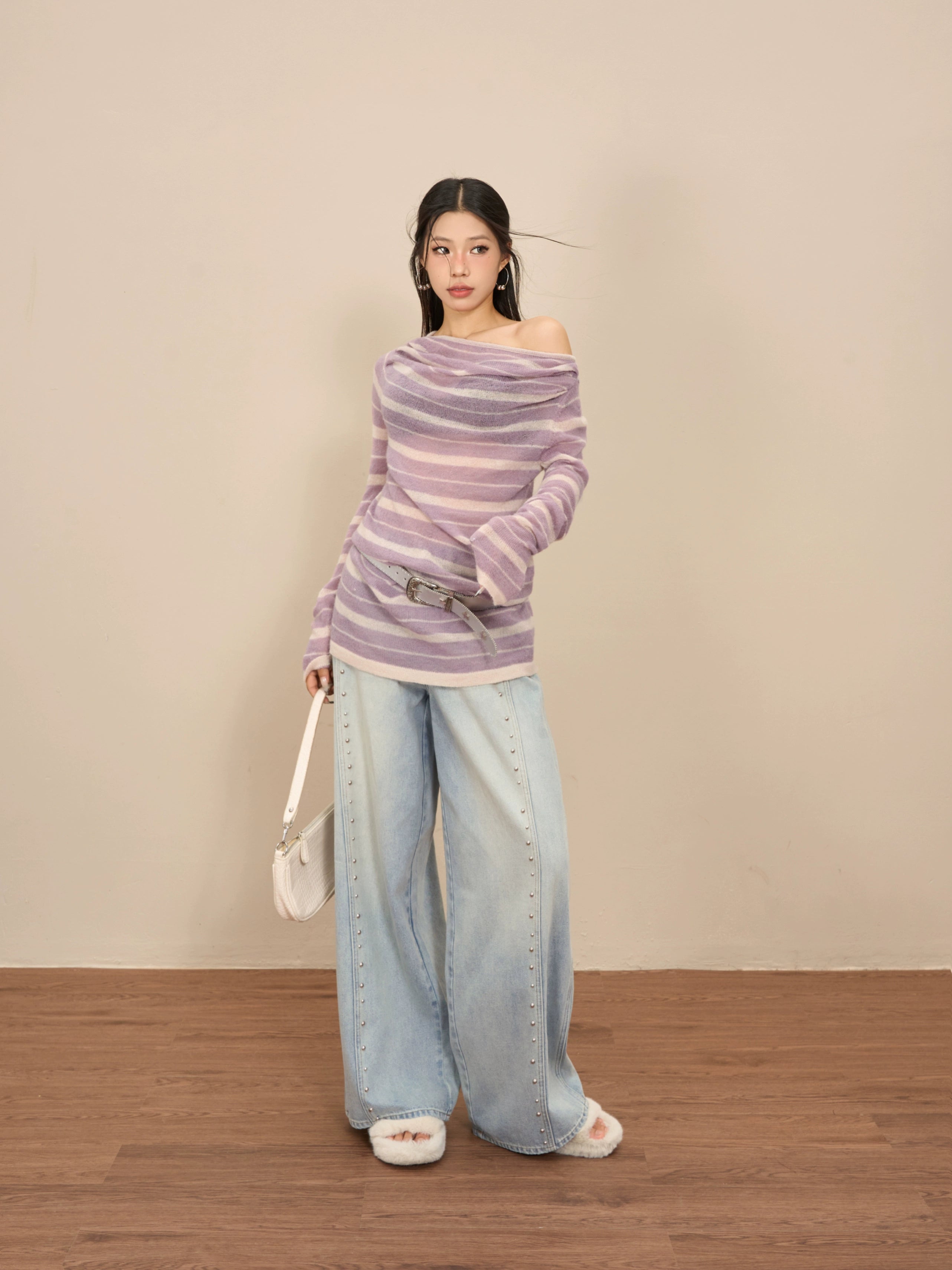 野生zerocircle条纹长袖针织衫女春季韩版宽松显瘦中长款荡领上衣