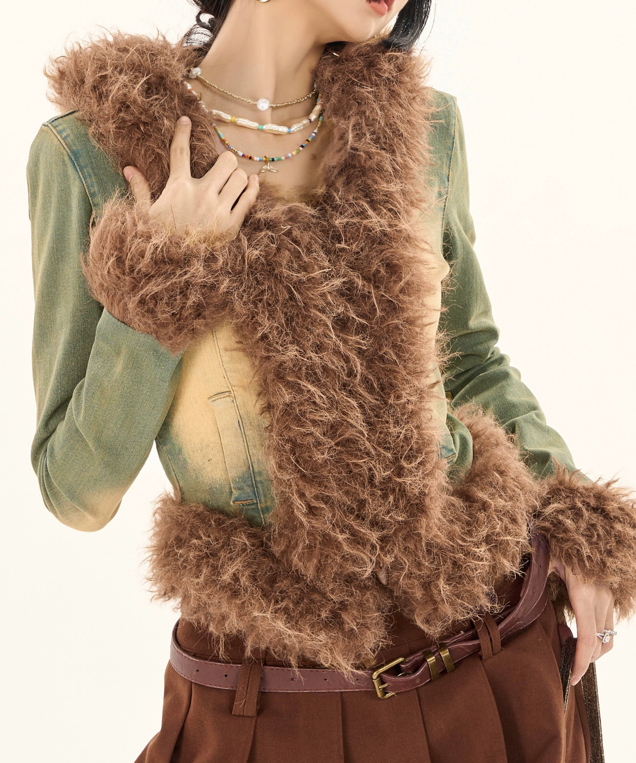 野生zerocircle毛毛拼接牛仔外套女春秋季高级设计感修身显瘦休闲