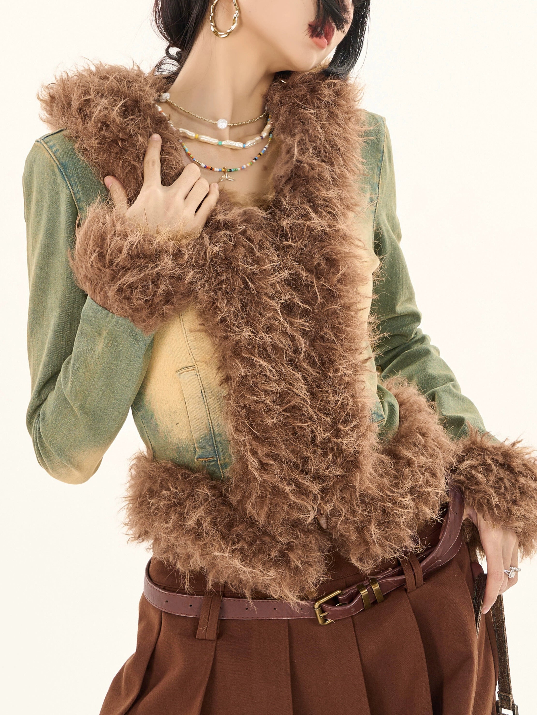 野生zerocircle毛毛拼接牛仔外套女春秋季高级设计感修身显瘦休闲