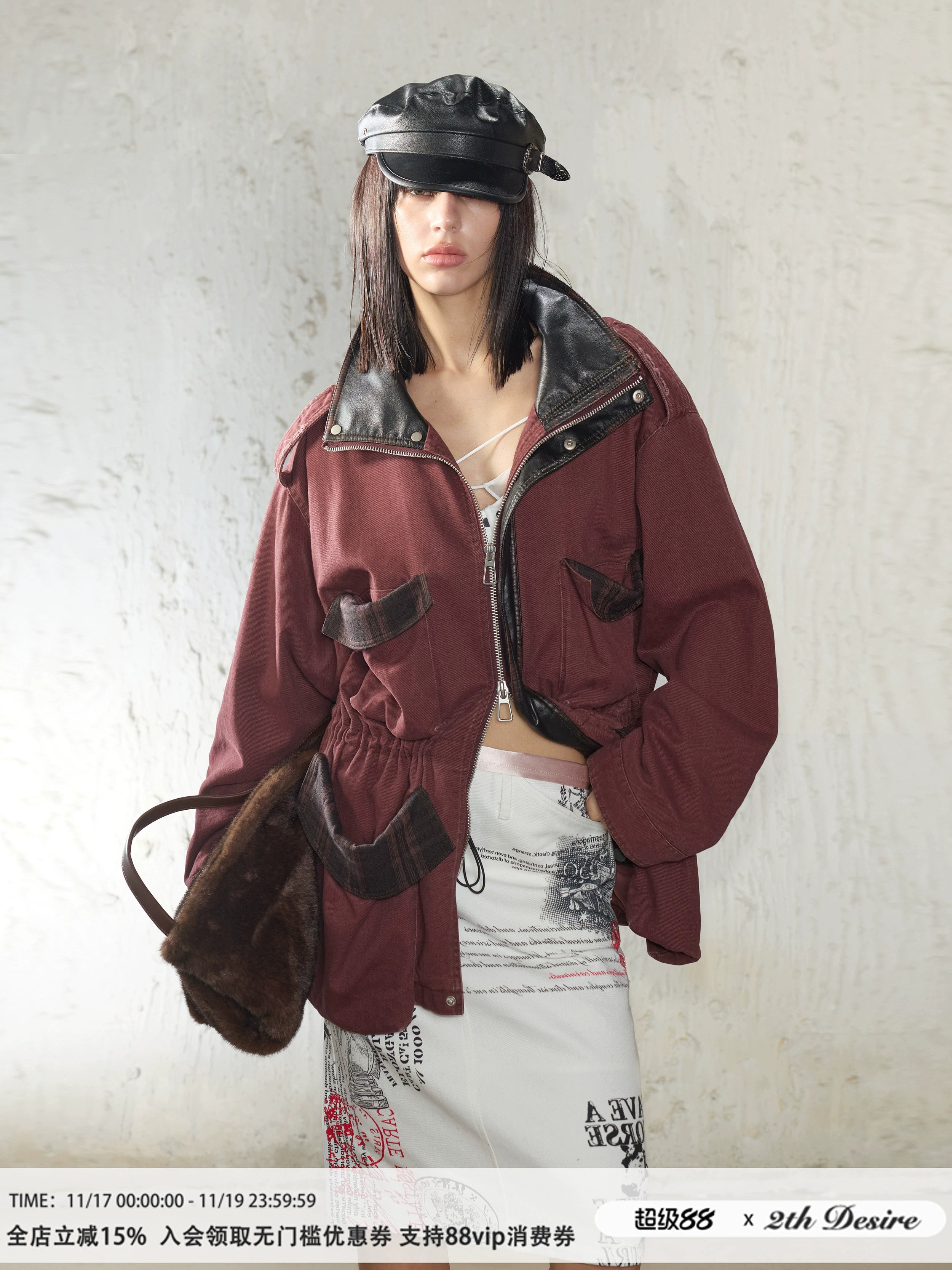 2th Desire重工做旧磨破复古拼色拉链中长款立体口袋工装风衣外套