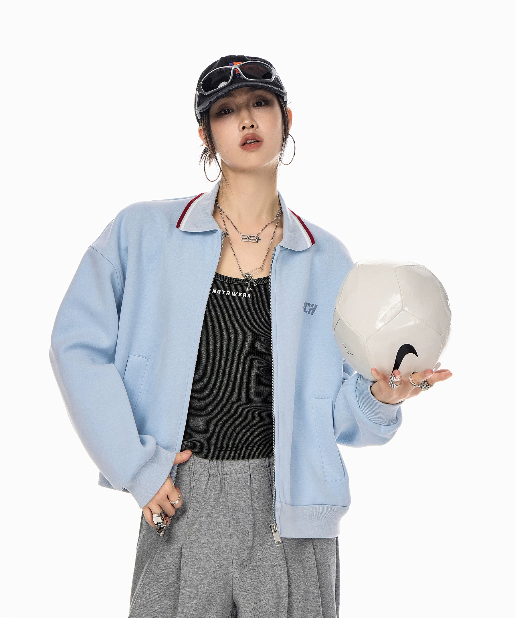 ICH MODE 美式复古刺绣翻领短款外套女2025新款秋季运动开衫上衣