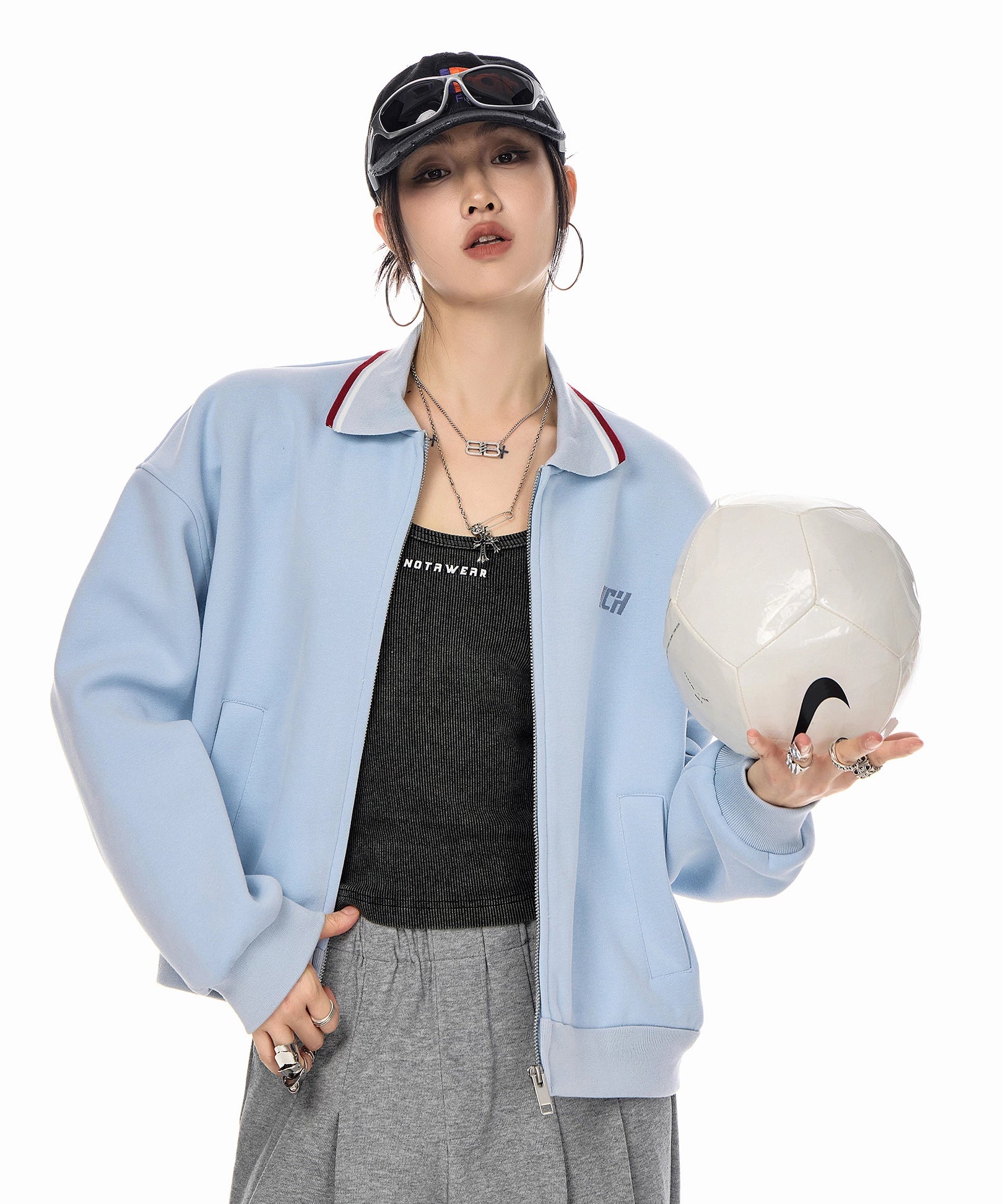 ICH MODE 美式复古刺绣翻领短款外套女2025新款秋季运动开衫上衣