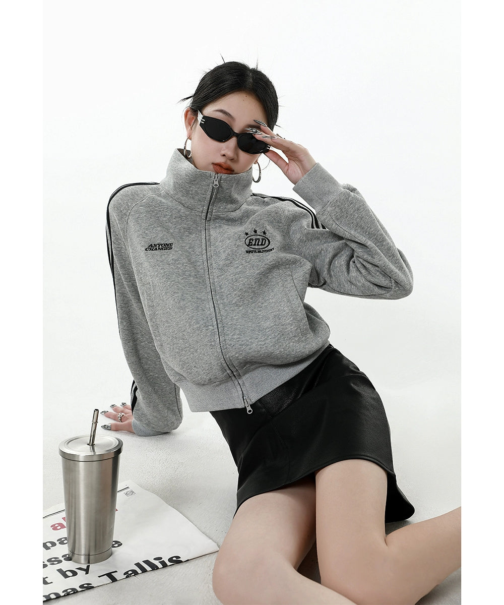 ICH MODE 美式修身短款黑色外套女2025新款秋冬运动连帽卫衣开衫