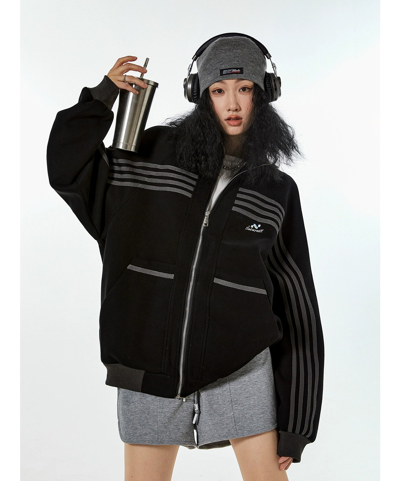 ICH MODE 美式复古休闲运动外套女秋冬宽松薄款开衫上衣2025新款