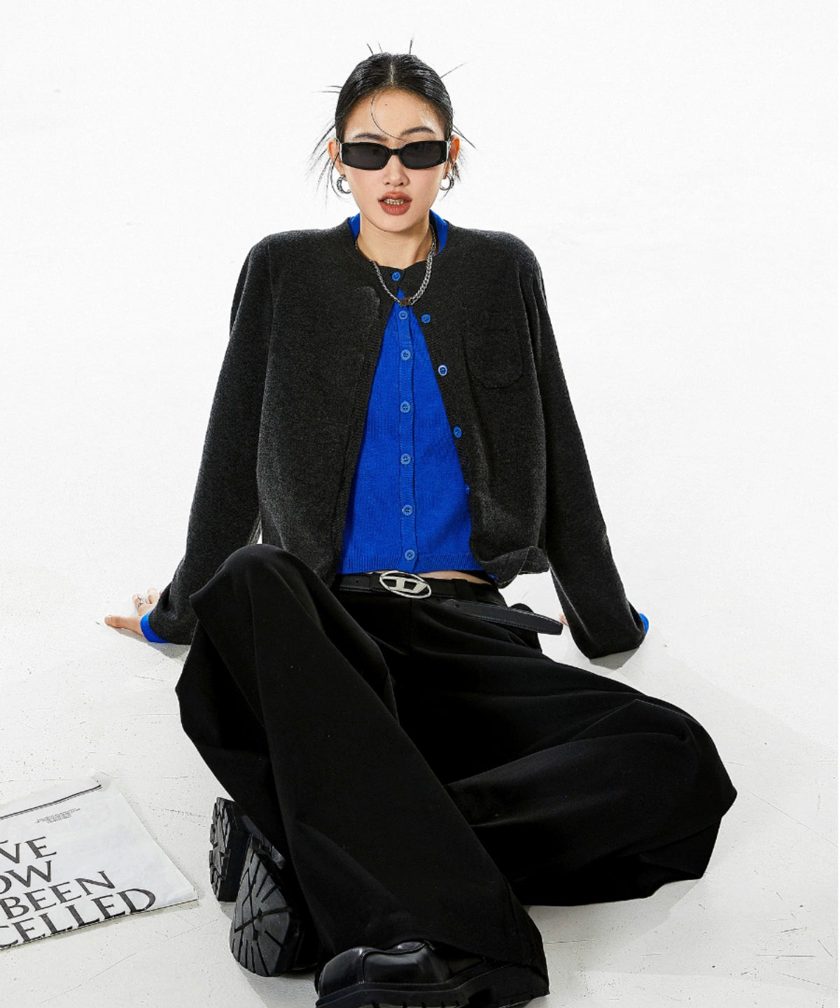 ICH MODE 美式复古假两件针织开衫女秋冬毛衣外套打底衫长袖上衣