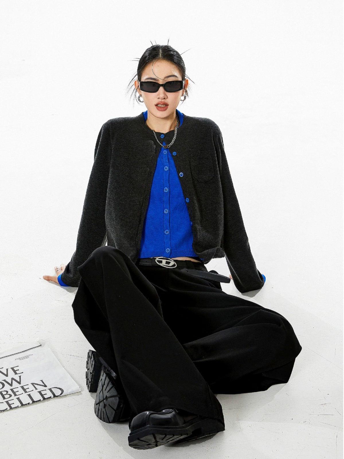 ICH MODE 美式复古假两件针织开衫女秋冬毛衣外套打底衫长袖上衣