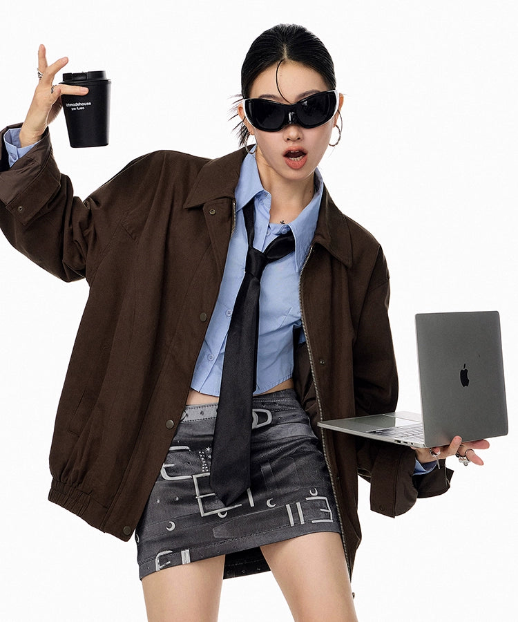 ICH MODE 美式复古哈灵顿外套女2025秋冬季新款翻领开衫夹克上衣