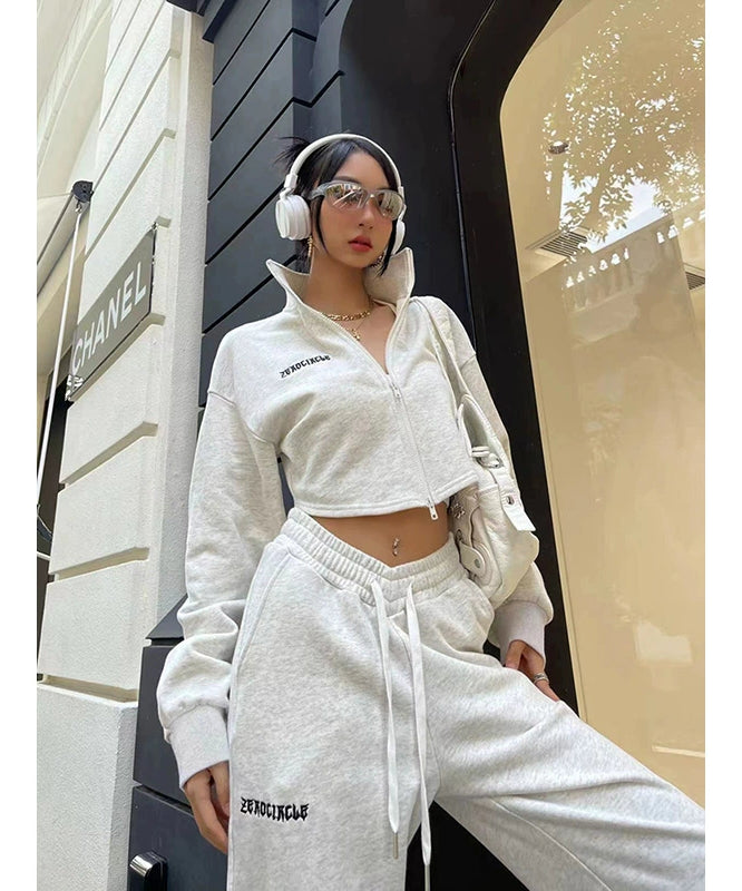 野生zerocircle灰色卫衣套装女春秋短款外套显瘦运动宽松休闲裤子