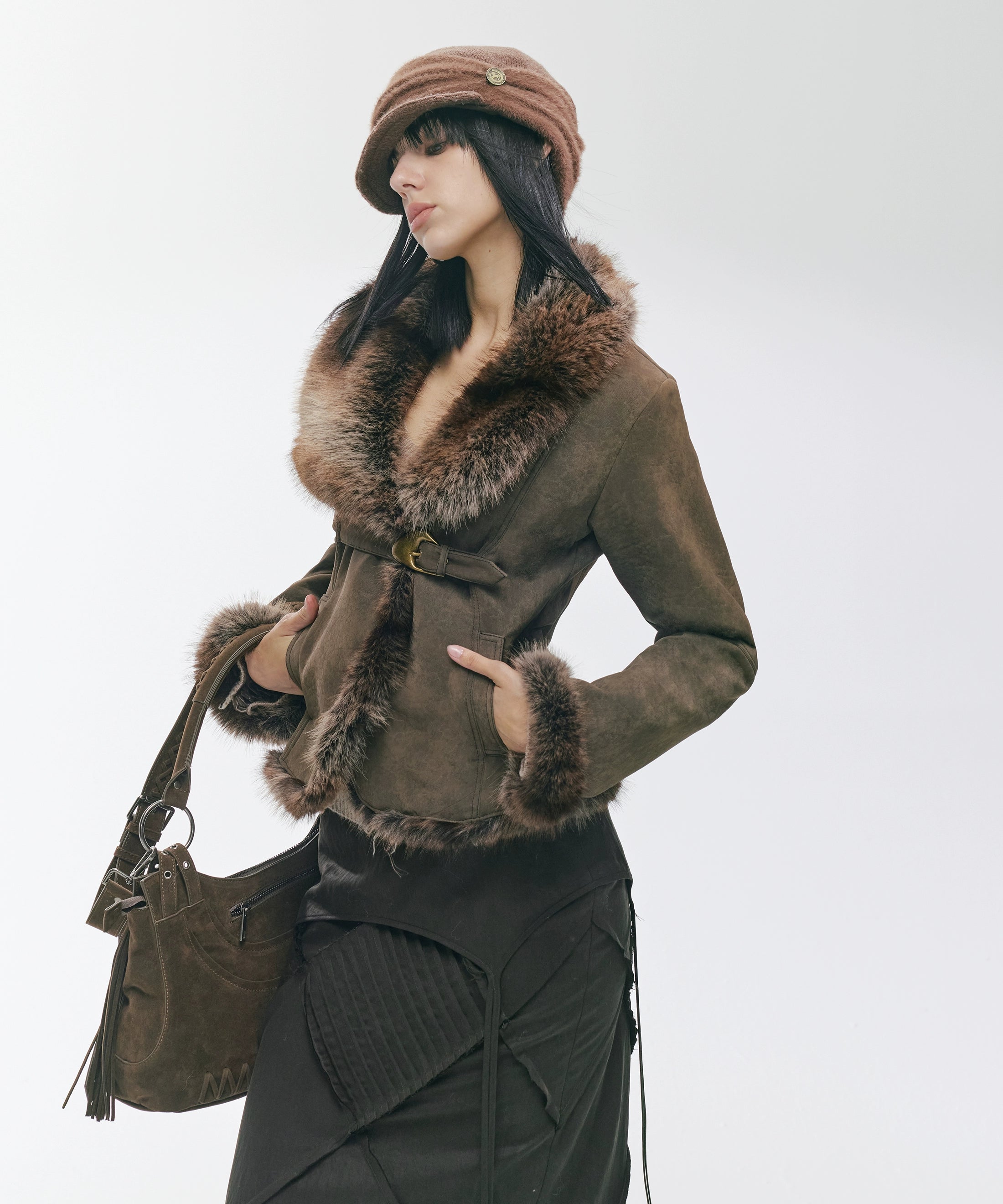 2th Desire复古不规则大翻领做旧金属扣麂皮皮毛一体保暖毛毛外套