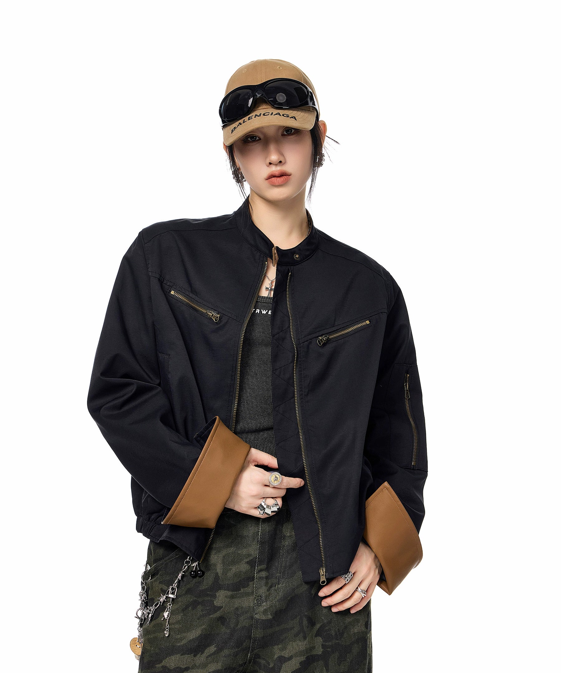 ICH MODE 美式复古工装短外套女2025新款秋冬巴恩风夹克立领上衣