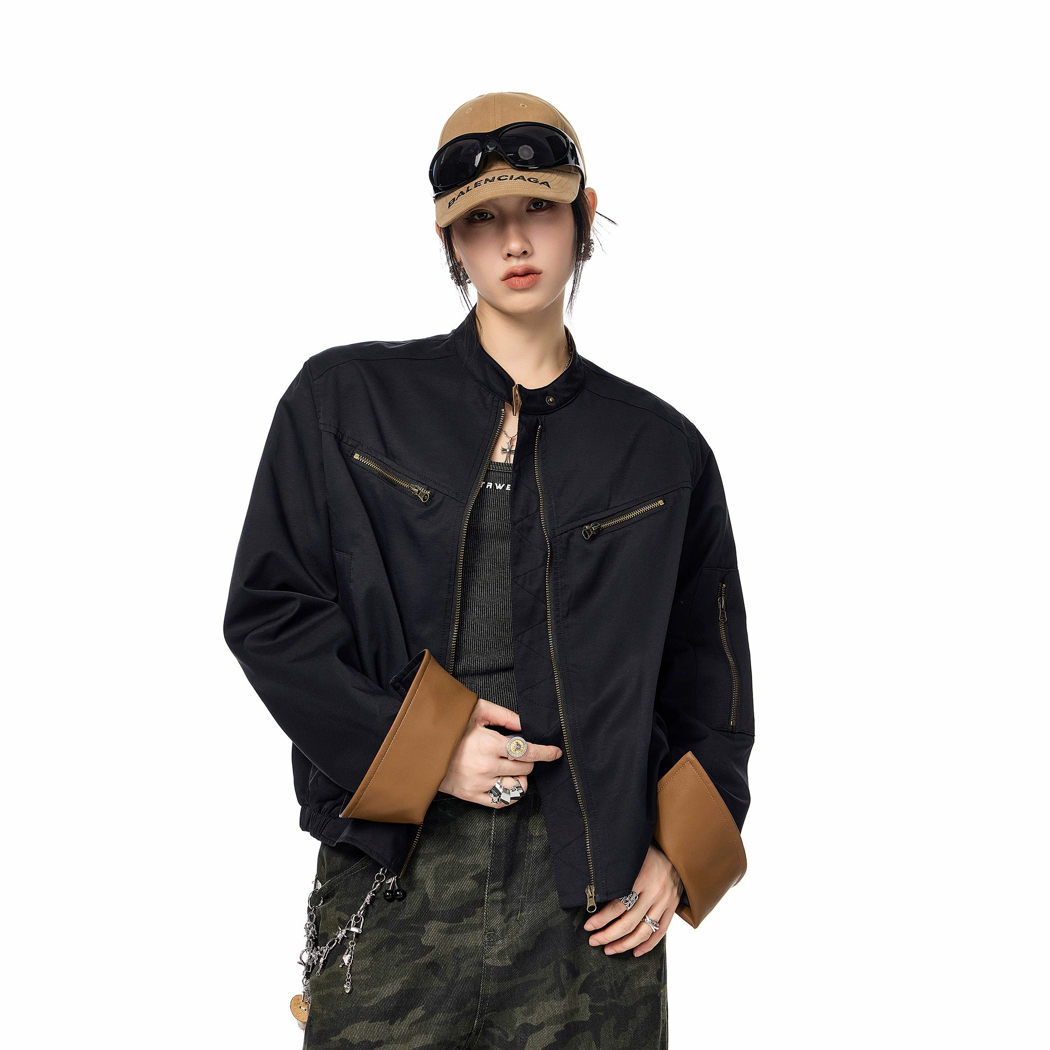 ICH MODE 美式复古工装短外套女2025新款秋冬巴恩风夹克立领上衣