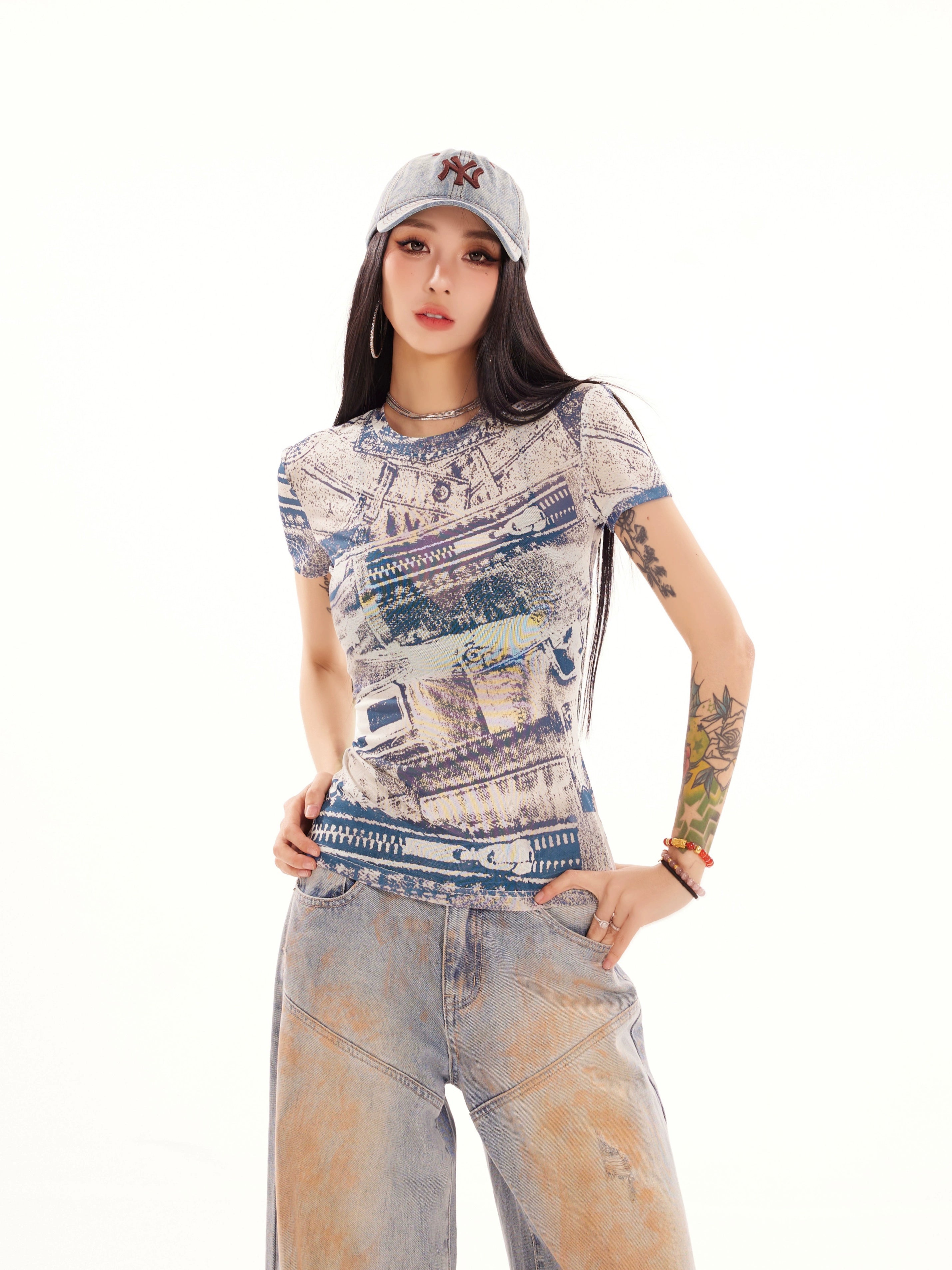 野生zerocircle 正肩短袖t恤女春小众辣妹修身显瘦印花薄短款上衣