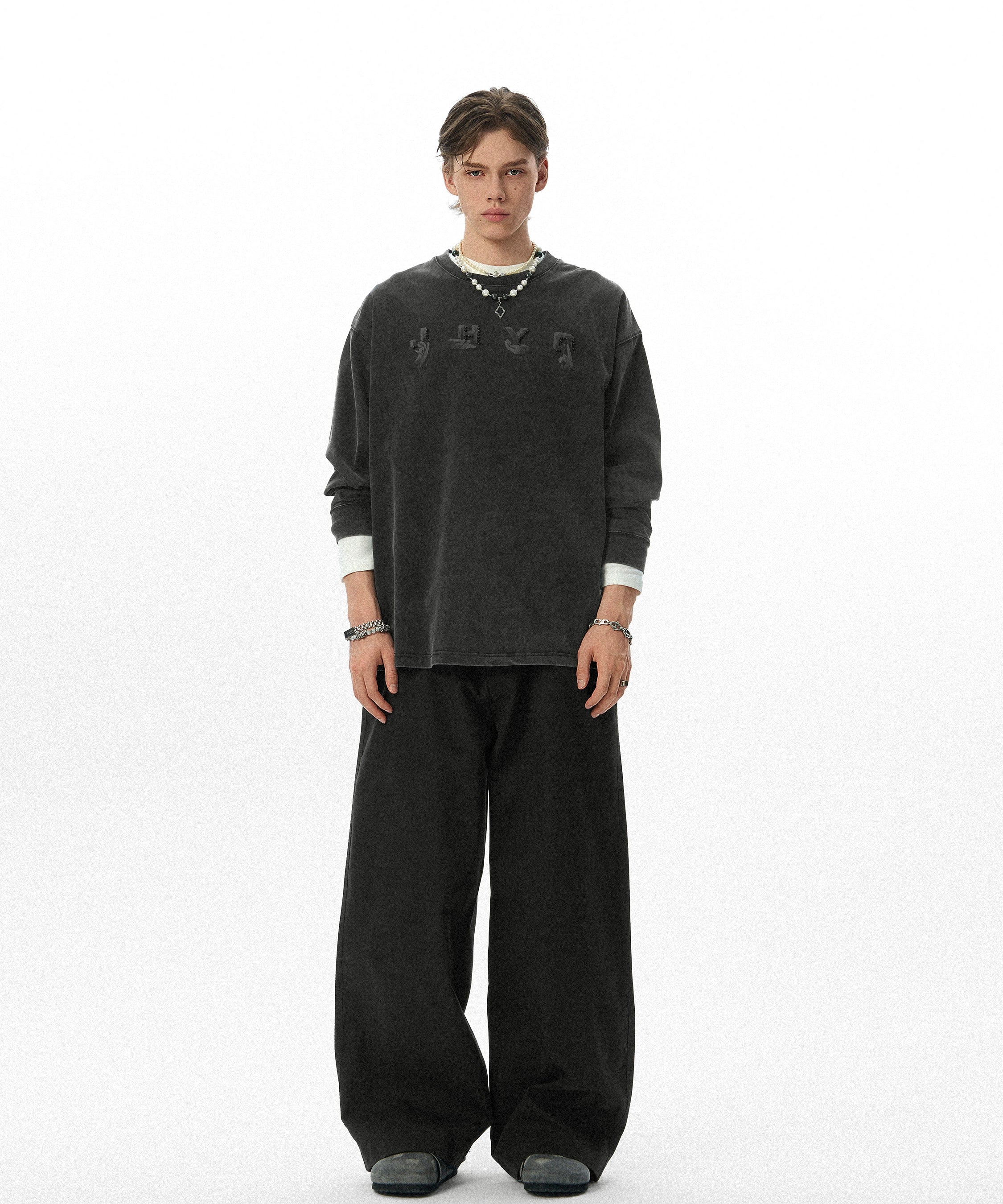 【创意手势】JHYQ美式320g复古水洗钉珠长袖T恤男宽松休闲卫衣男