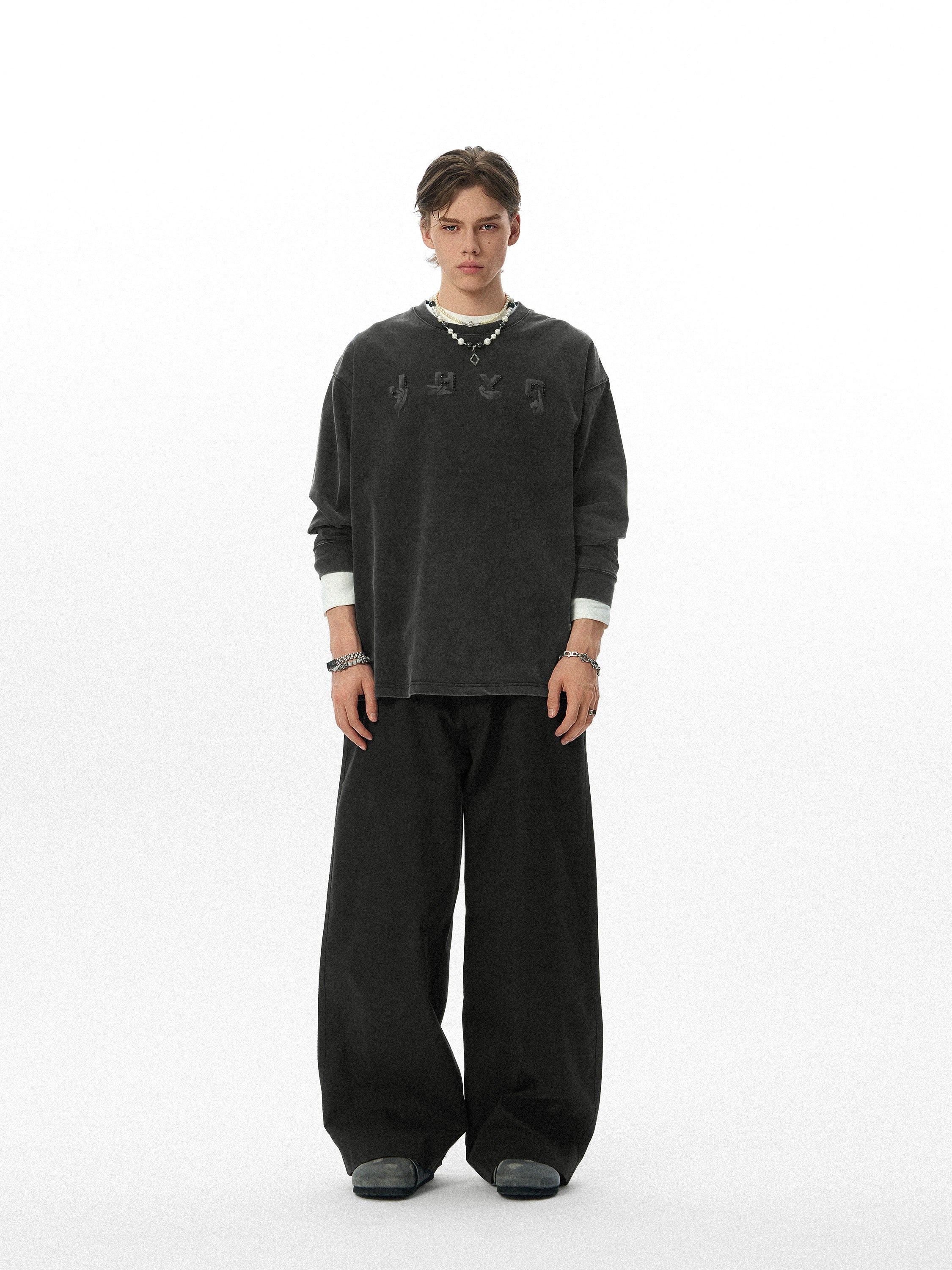 【创意手势】JHYQ美式320g复古水洗钉珠长袖T恤男宽松休闲卫衣男