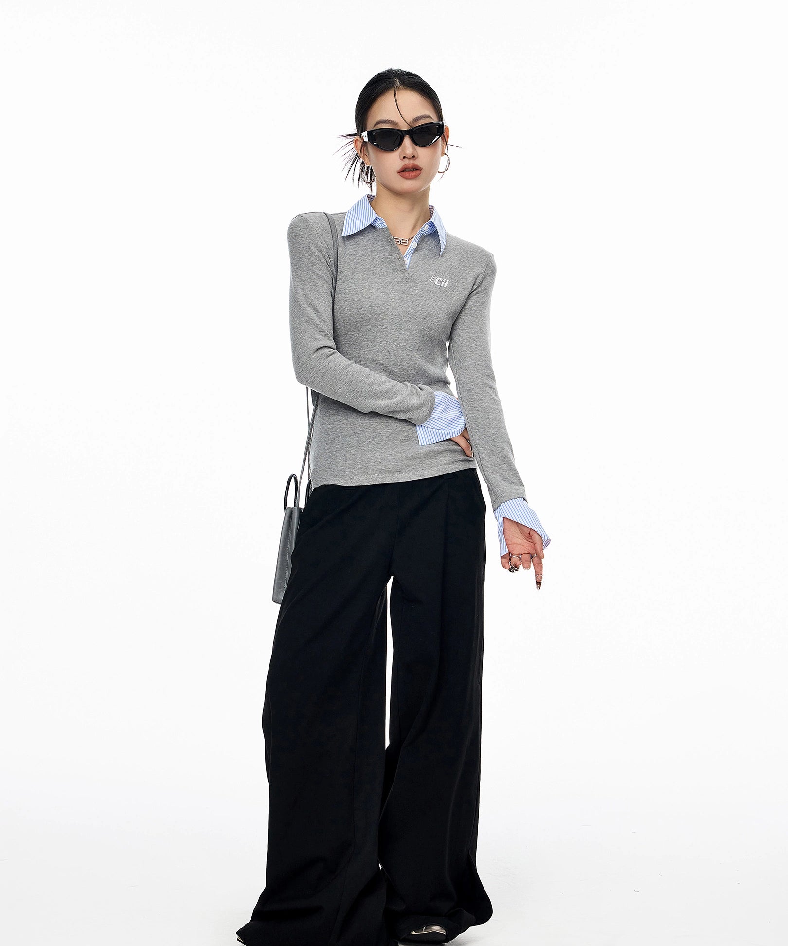 ICH MODE 美式复古假两件长袖T恤女新款修身POLO衫内搭打底衫上衣