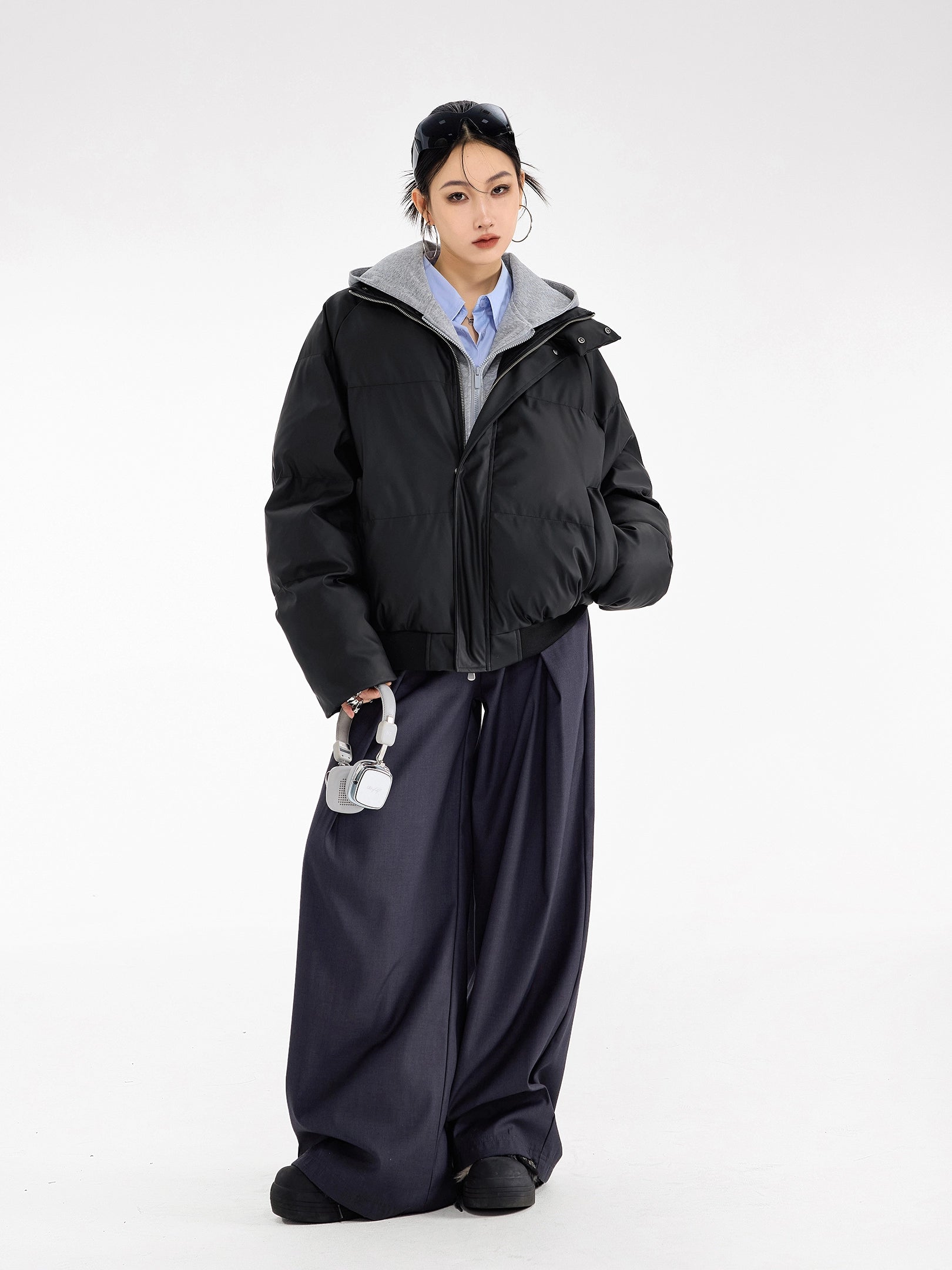 ICH MODE 美式复古纯色假两件连帽棉服女冬季防寒宽松棉服面包服