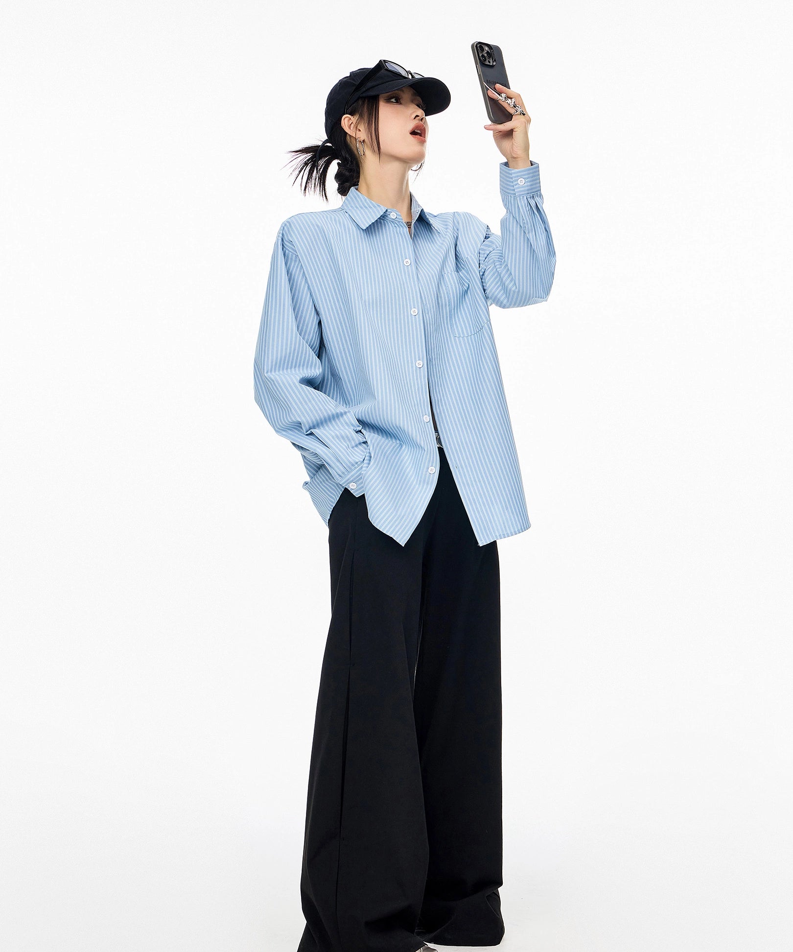 ICH MODE 美式复古条纹长袖衬衫女夏季新款宽松休闲翻领衬衣外套